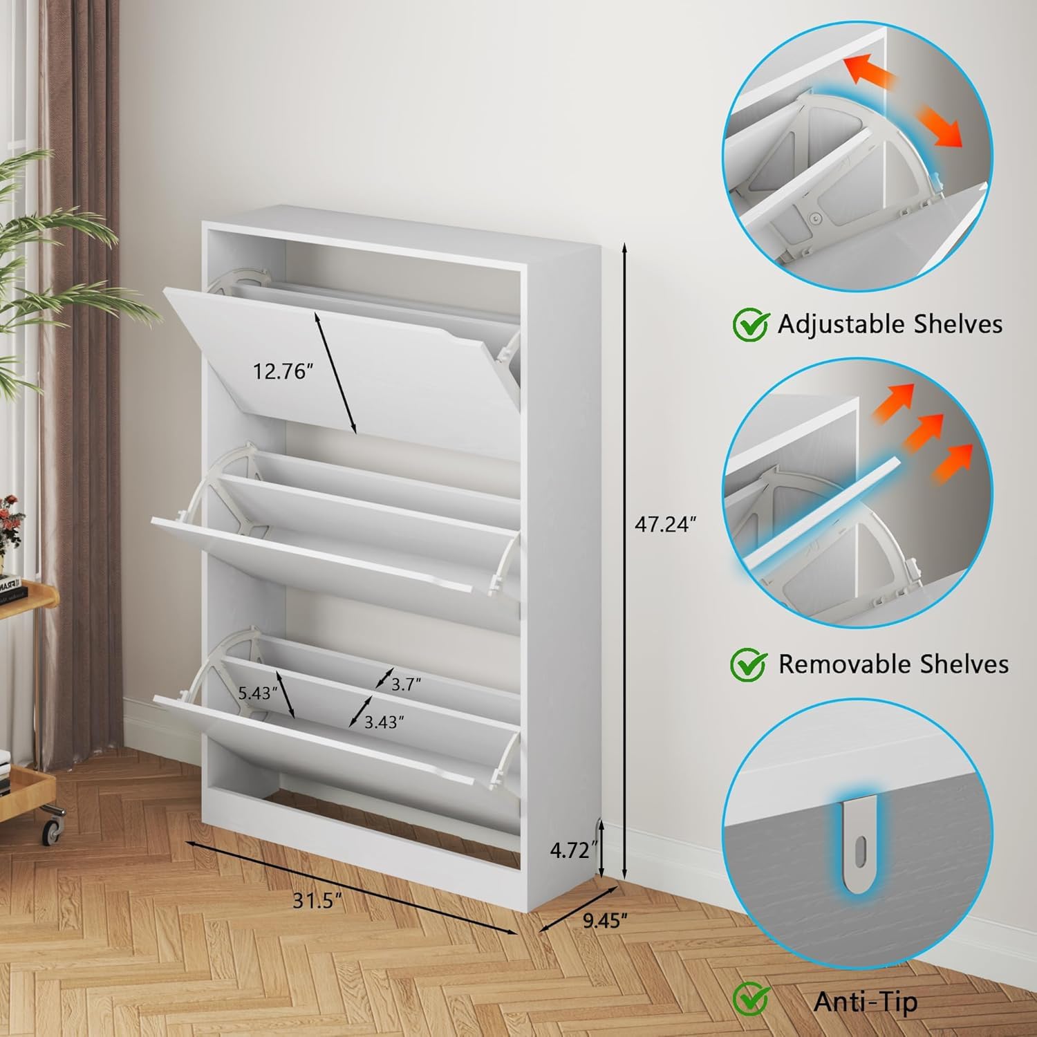 Detalle 2 de BORNOON Sc-80 Shoe Cabinet, 3 Flip Drawers, White, 9.45-Inch Deep