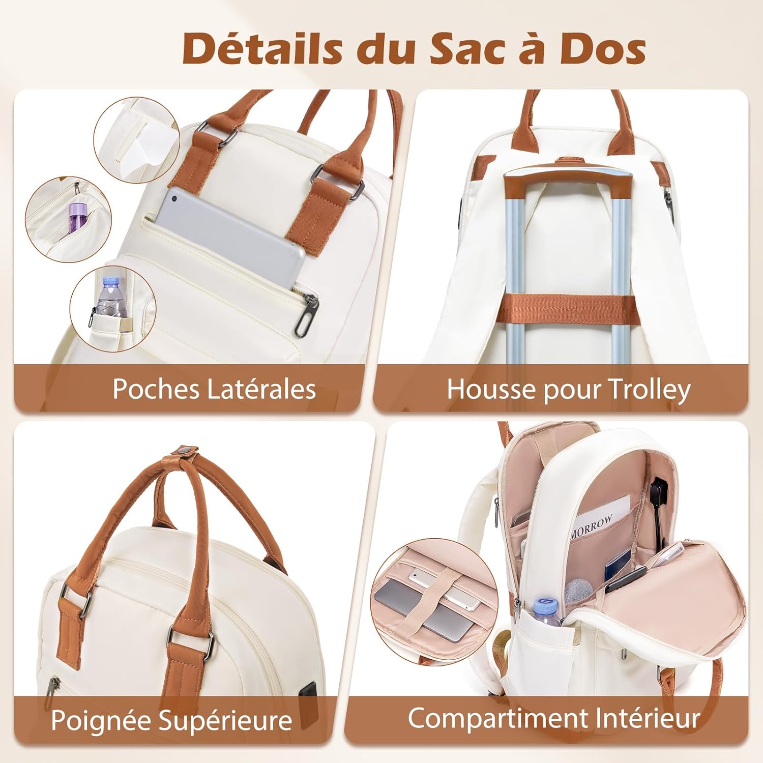 Detalle 2 de Coolife Valise 3 Pièces – Ensemble rigide ABS avec TSA, Roues 360° et Sac à Dos (Gris/Rose) – Moyenne