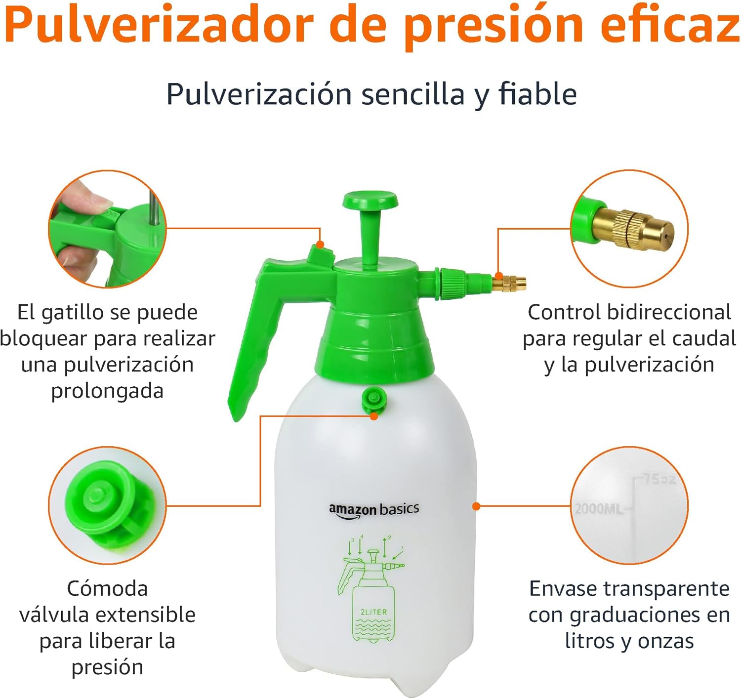 Detalle 2 de Amazon Basics Pulverizador a presión 2 L gatillo bloqueo