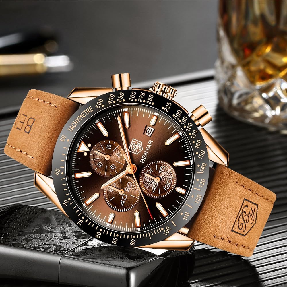 Thumbnail 3 de BY BENYAR Herrenuhr 45 mm Chronograph Braun Leder