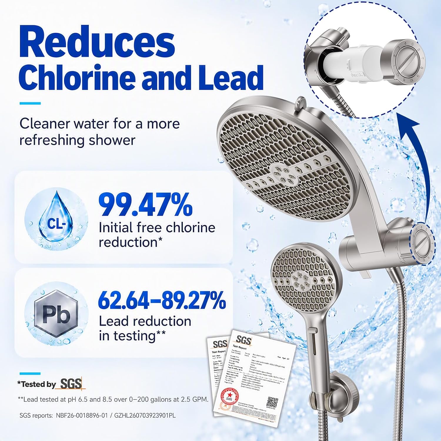Detalle de Veken SHT3V103 Filtered Shower Head Combo, Nickel, 8-Mode Rain and 9-Mode Handheld