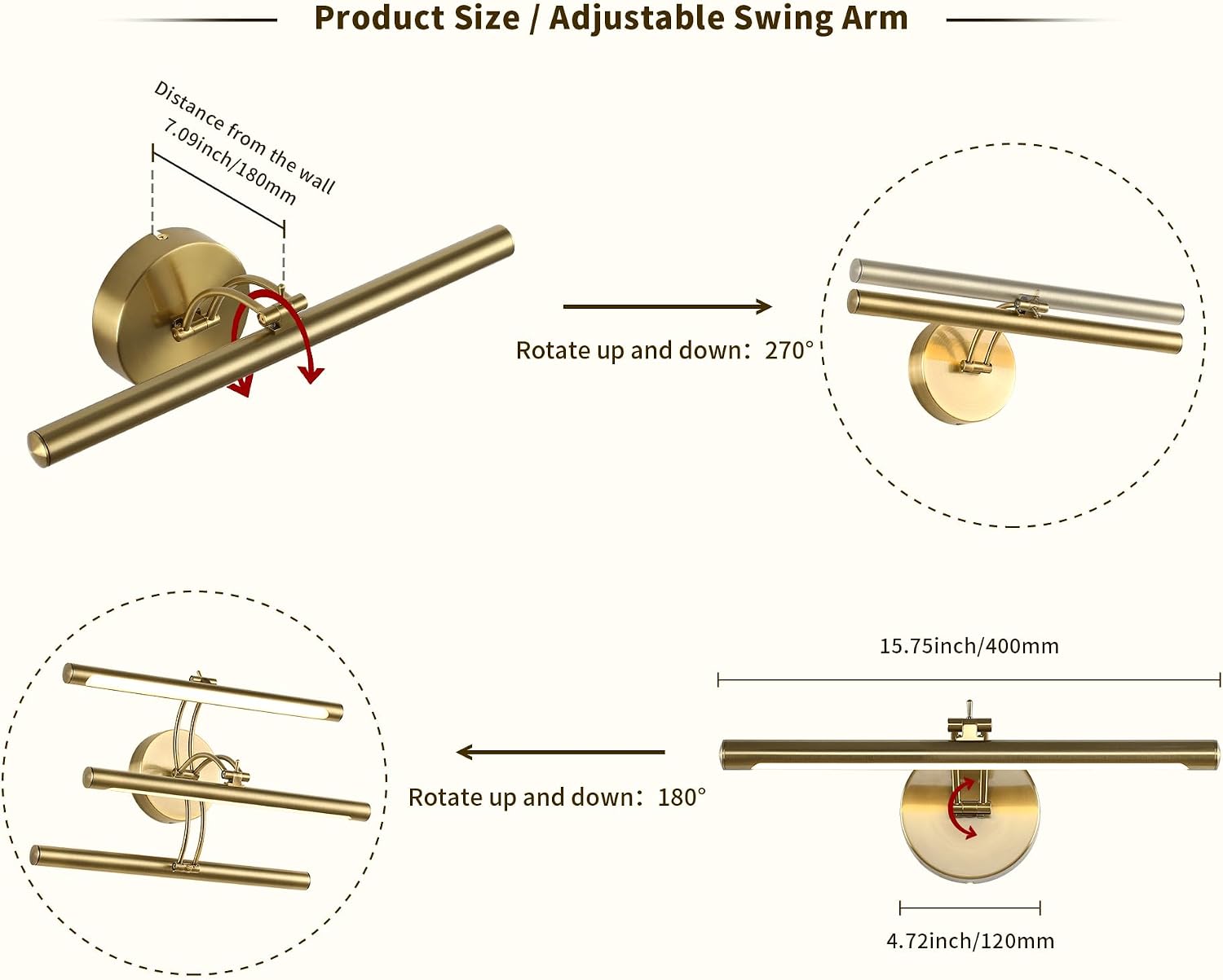 Detalle 2 de 7Degobii 5899 Dimmable Brass Picture Light, 15.75-Inch Swing Arm, 7W LED