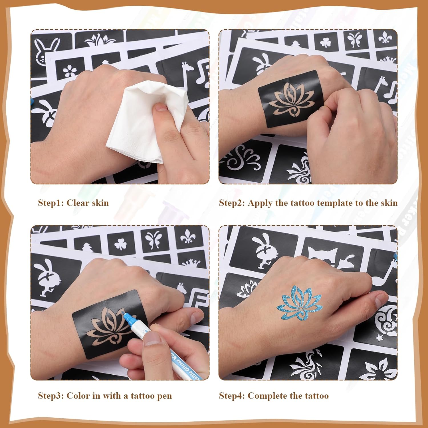 Detalle 2 de Tattoo Kinderstifte und Schablonen-Set mit 10 Tattoo-Stiften und 111 Mustern