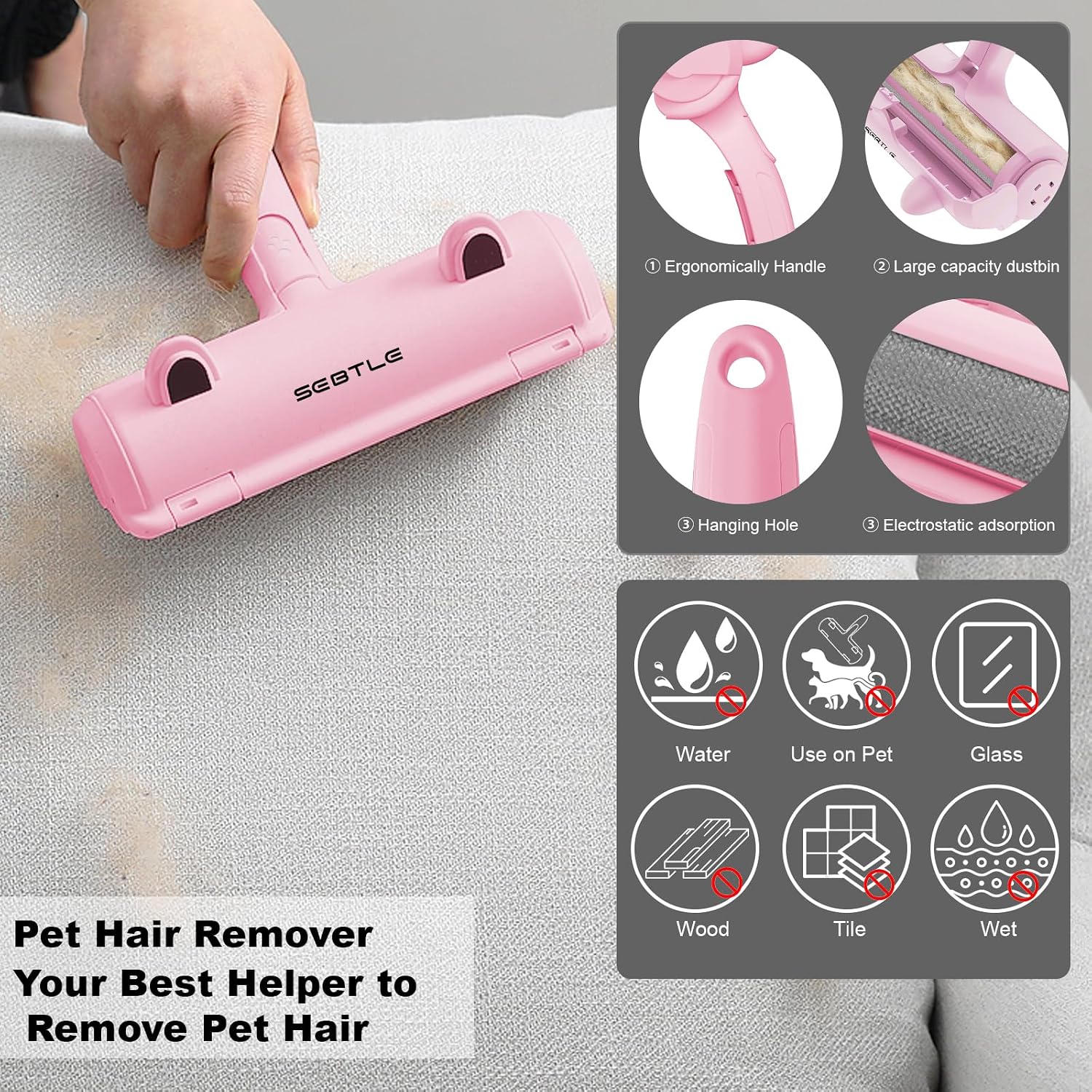 Thumbnail 5 de Sebtle Pet Hair Remover Roller (Pink) – Reusable Fleece-Force Brush for Pets