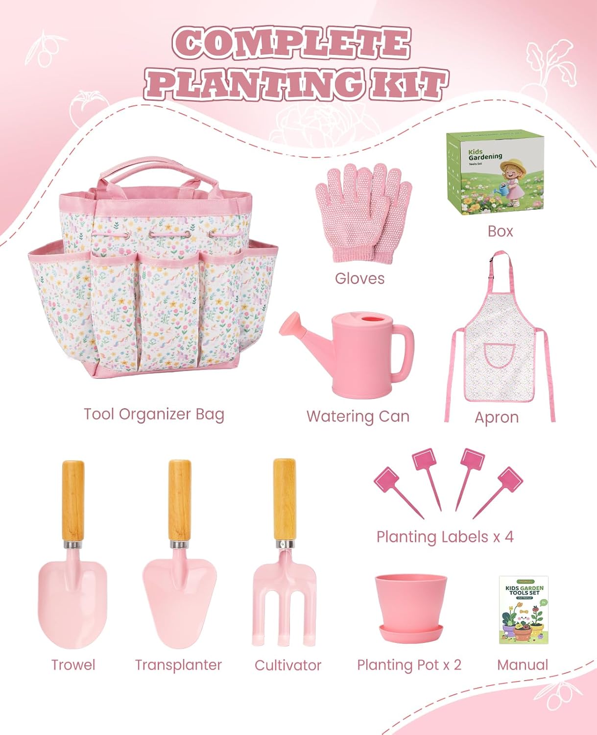 Thumbnail 4 de YAUNGEL Kids Gardening Set (Wooden Rake, Shovels, Gloves, Watering Can, Apron & Tote Bag) — Pink