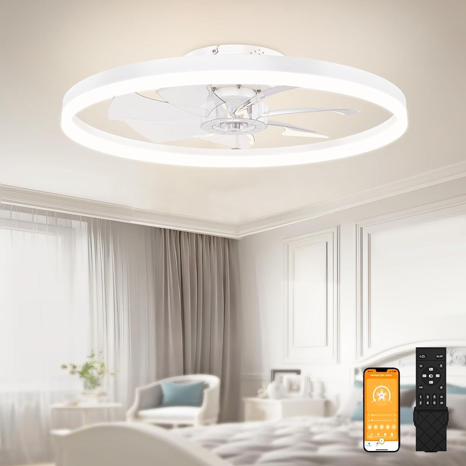 Detalle de VOLISUN 2170601ZM Low-Profile Ceiling Fan with Light, Remote and 6 Speeds