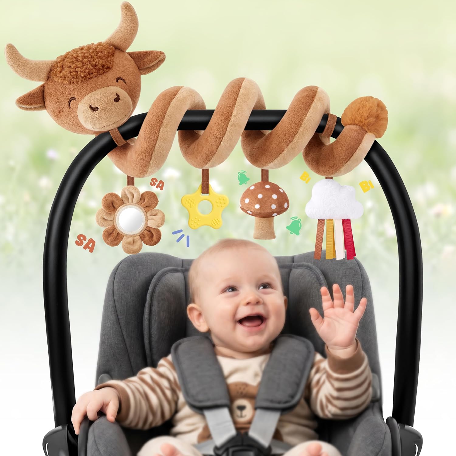 Detalle de Stuffed YX_CST_007 Highland Cow Spiral Stroller Toy with Sensory Pendants