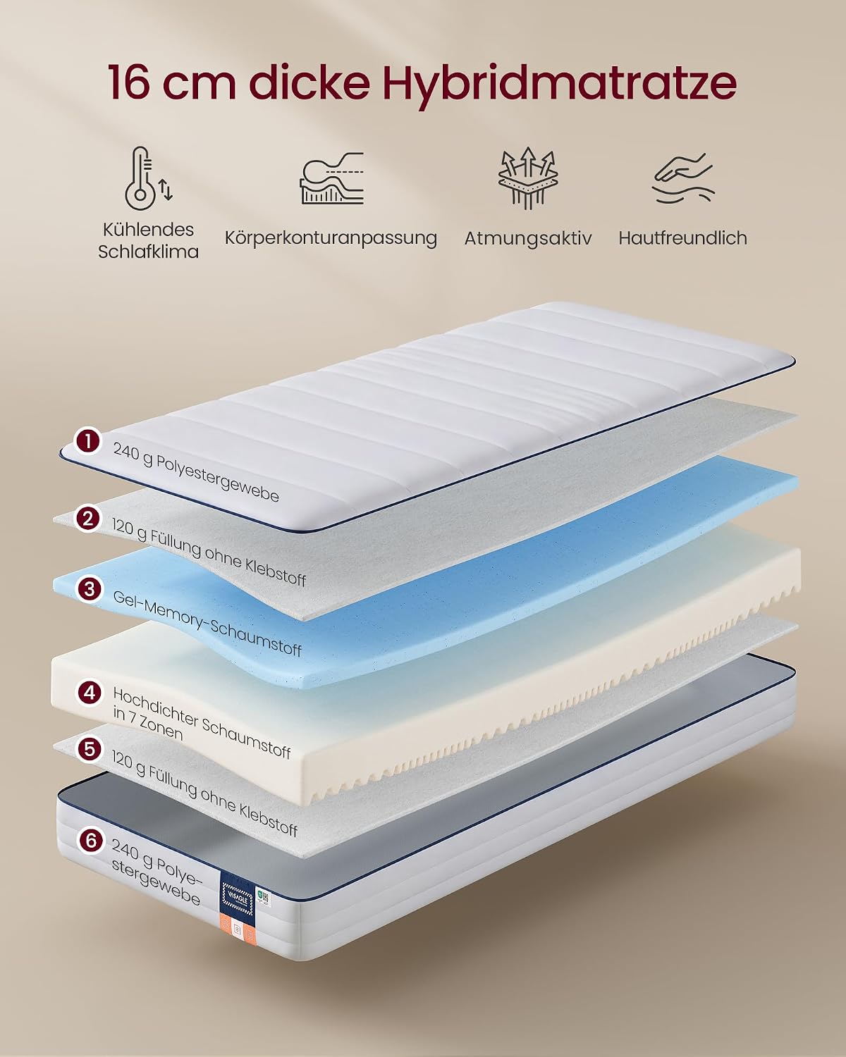 Thumbnail 2 de VASAGLE Matratze RMZ112W101 90 x 200 cm – Gel-Memory-Einzelmatratze, 7 Zonen, mittelfest (H3)