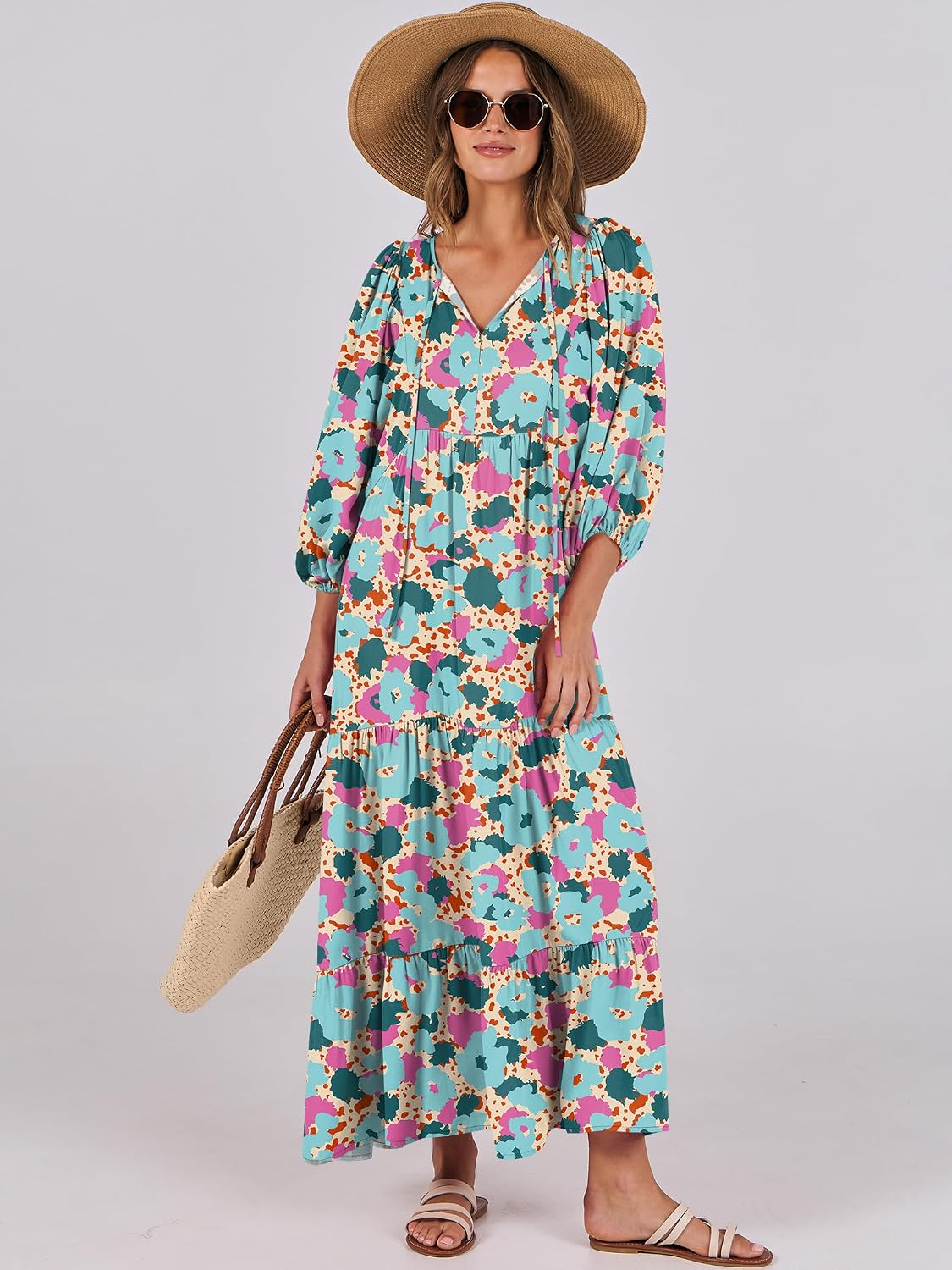 Thumbnail 6 de ANRABESS Womens Boho Floral 3/4 Puff Sleeve Maxi Dress