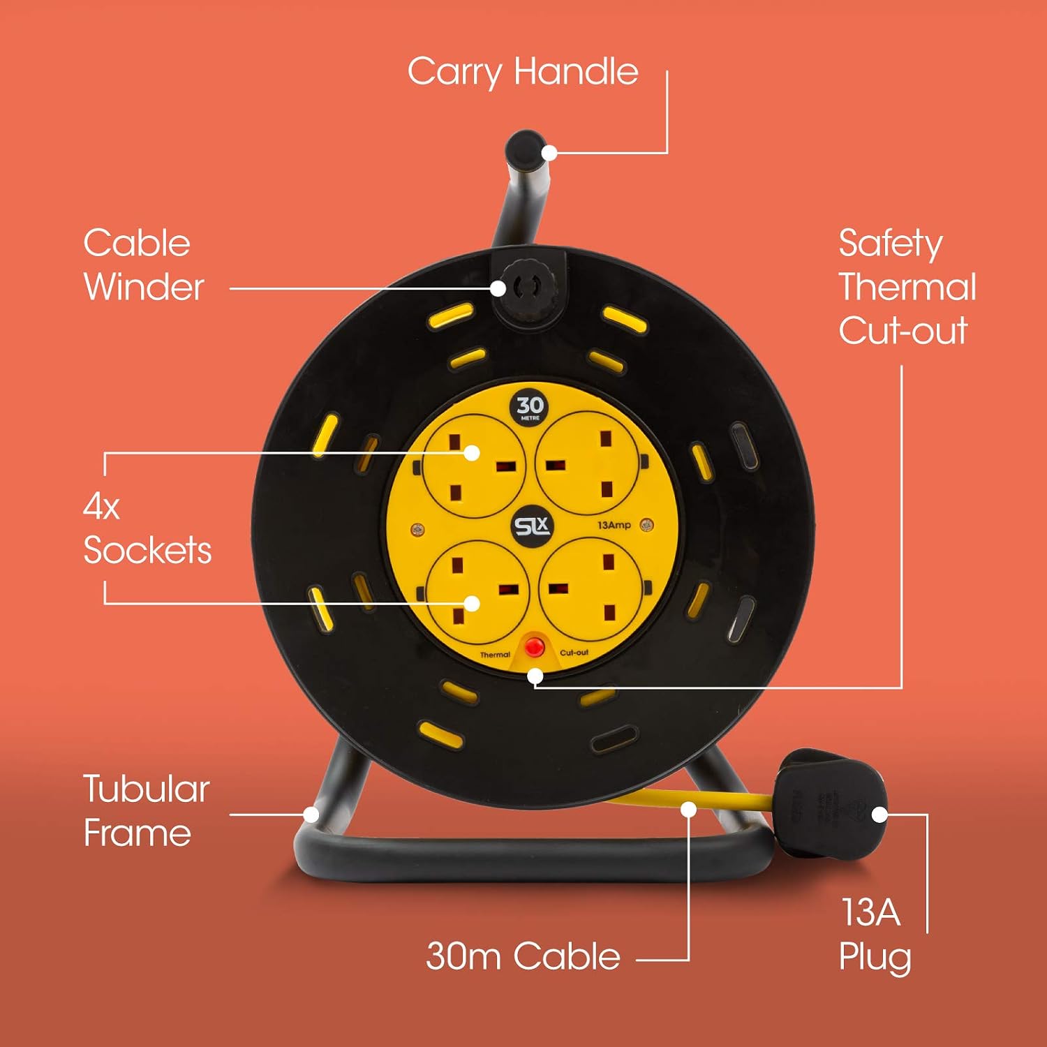 Thumbnail 2 de SLx Extension Lead 30m Heavy Duty Cable Reel with 4 Sockets and Thermal Cut-Out Protection (13A fused UK plug)