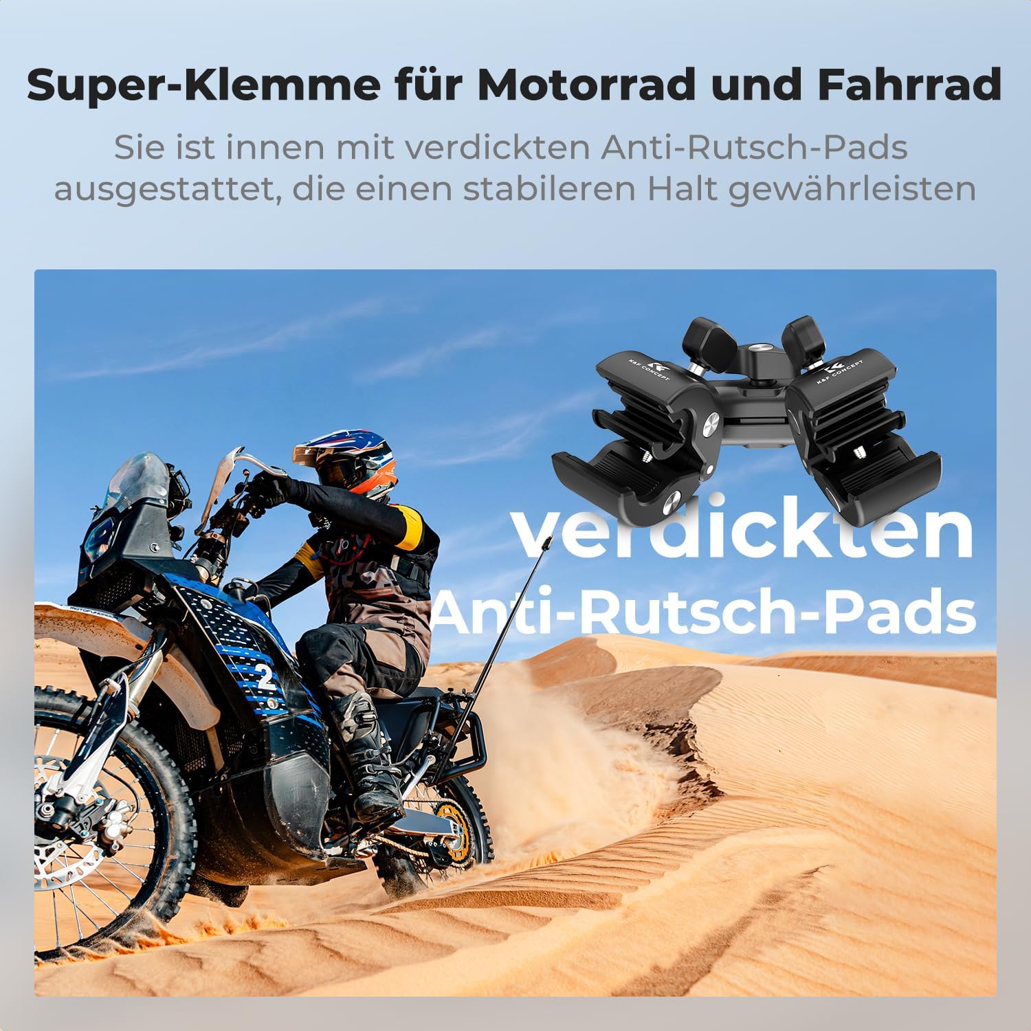 Thumbnail 6 de K&F CONCEPT Doppelkopfige Motorrad-Fahrradhalterung mit zwei Super Clamp – 360° verstellbarer Magic Arm und Adapter