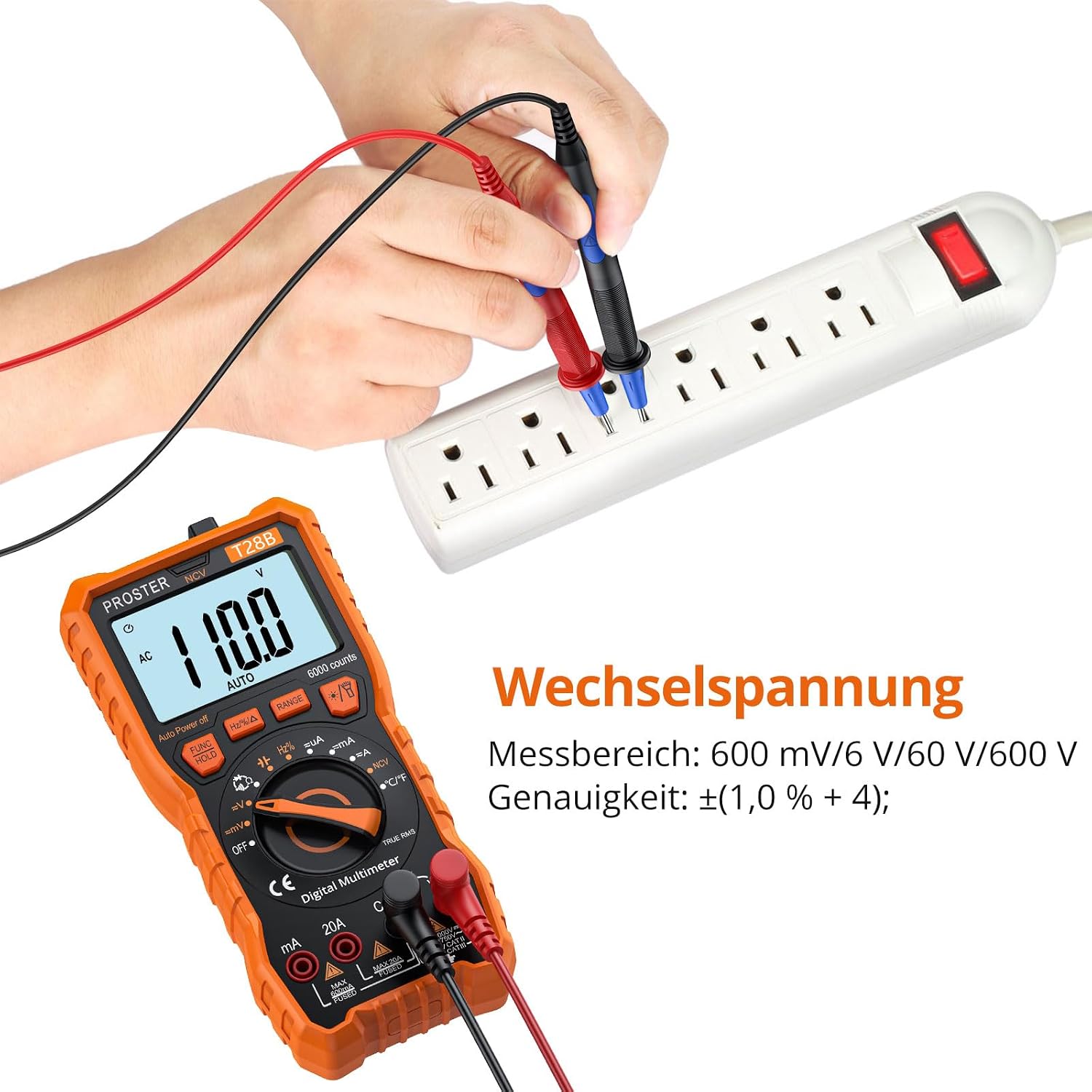Detalle de Proster Digitales Multimeter 6000 Zähler TRMS Auto Range mit NCV – DC/AC Messgerät, Temperatur, Kapazität, Widerstand