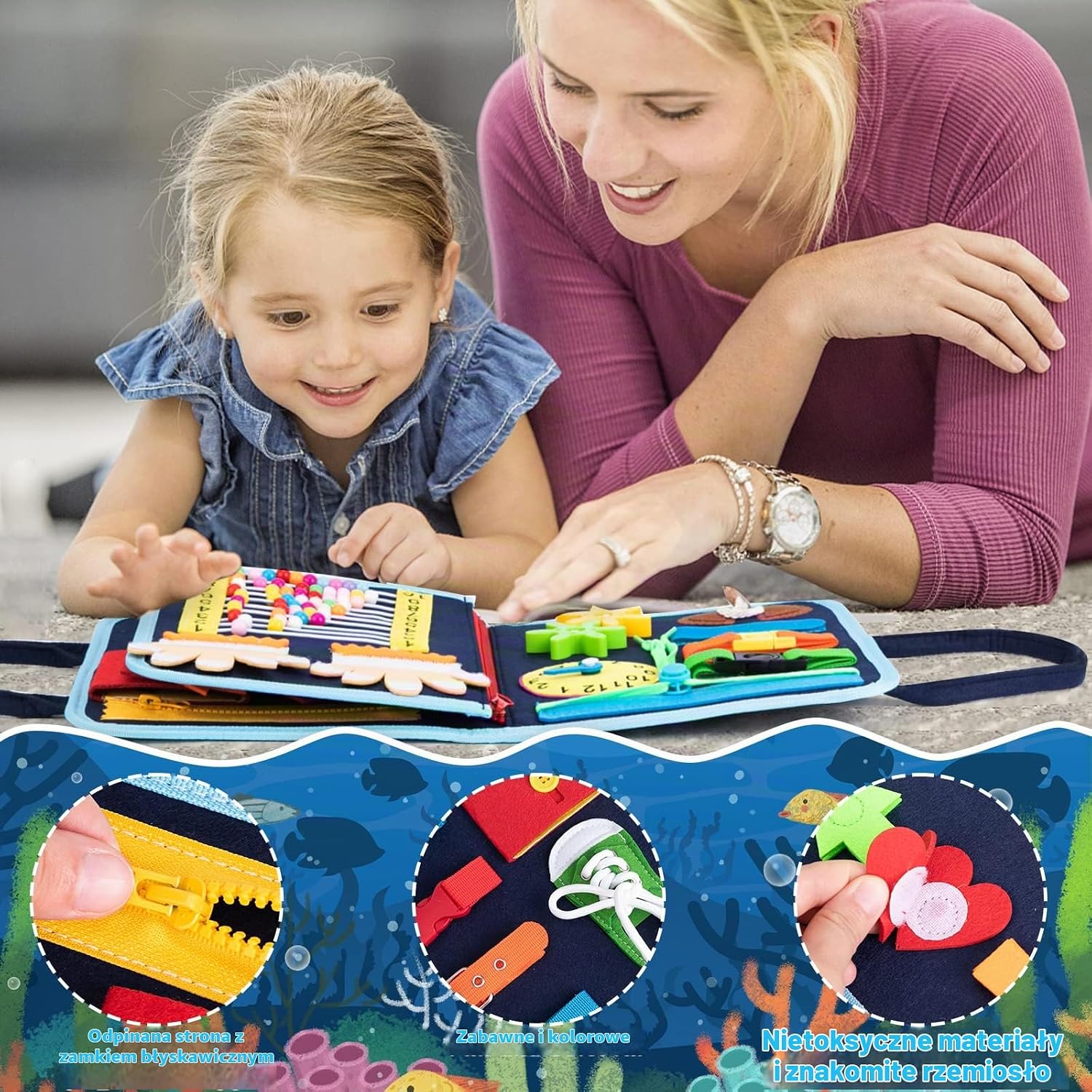 Detalle 2 de ACDAY AC717BK tablica manipulacyjna Montessori z filcu, 20 aktywności