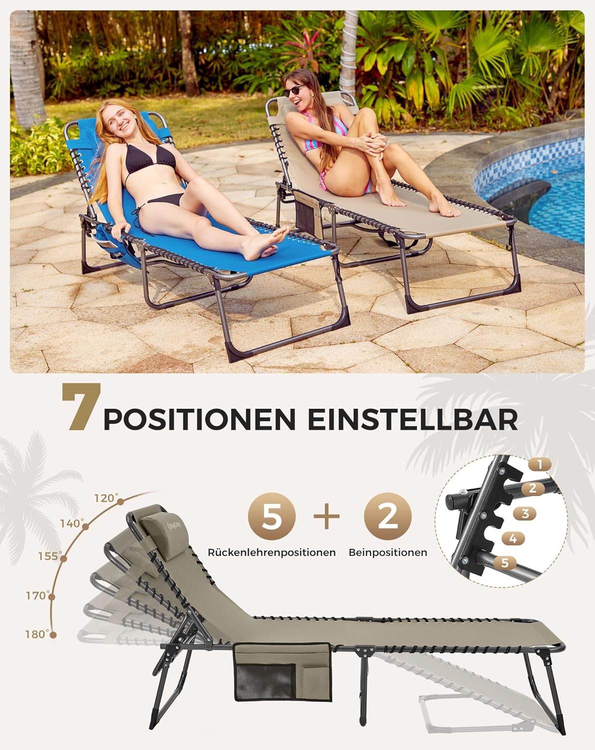 Detalle de KingCamp Sonnenliege Klappbar: 5‑Positionen, robustes Strand- und Gartenbett mit Kopfkissen