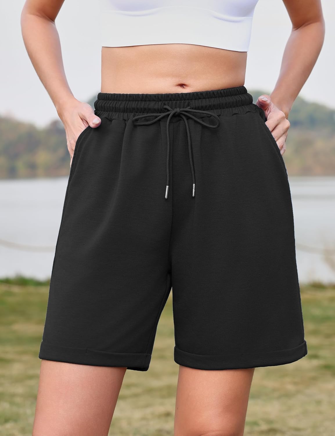 Detalle de Litherday Damen Shorts – Knielange Sportshorts mit Taschen aus Baumwolle, ideal für Fitness und Laufen