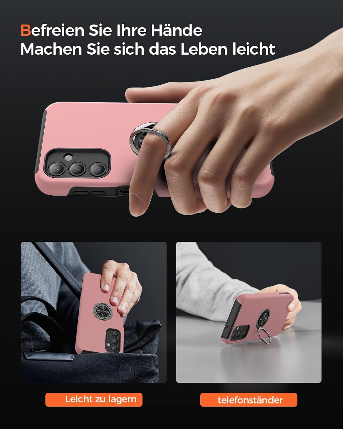 Detalle 2 de KRAFTCARE Hülle für Samsung Galaxy A14 5G mit 360° Ring, Schutzfolie & robustem Stoßschutz – Rosa