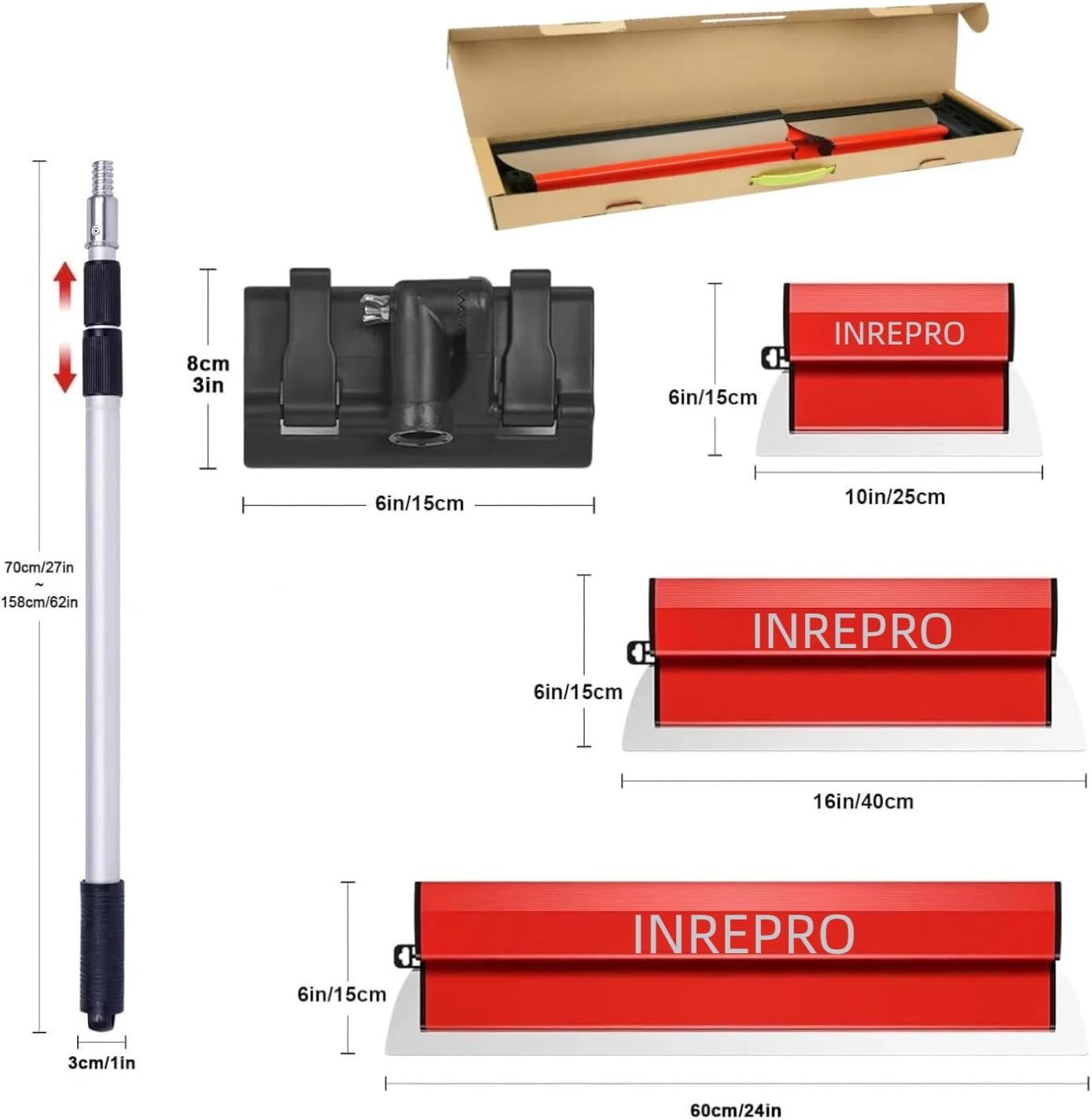 Detalle 2 de INREPRO Lame d'écrémage pour Cloison Sèche — Kit de spatules 25/40/60 cm avec manche télescopique 70–158 cm