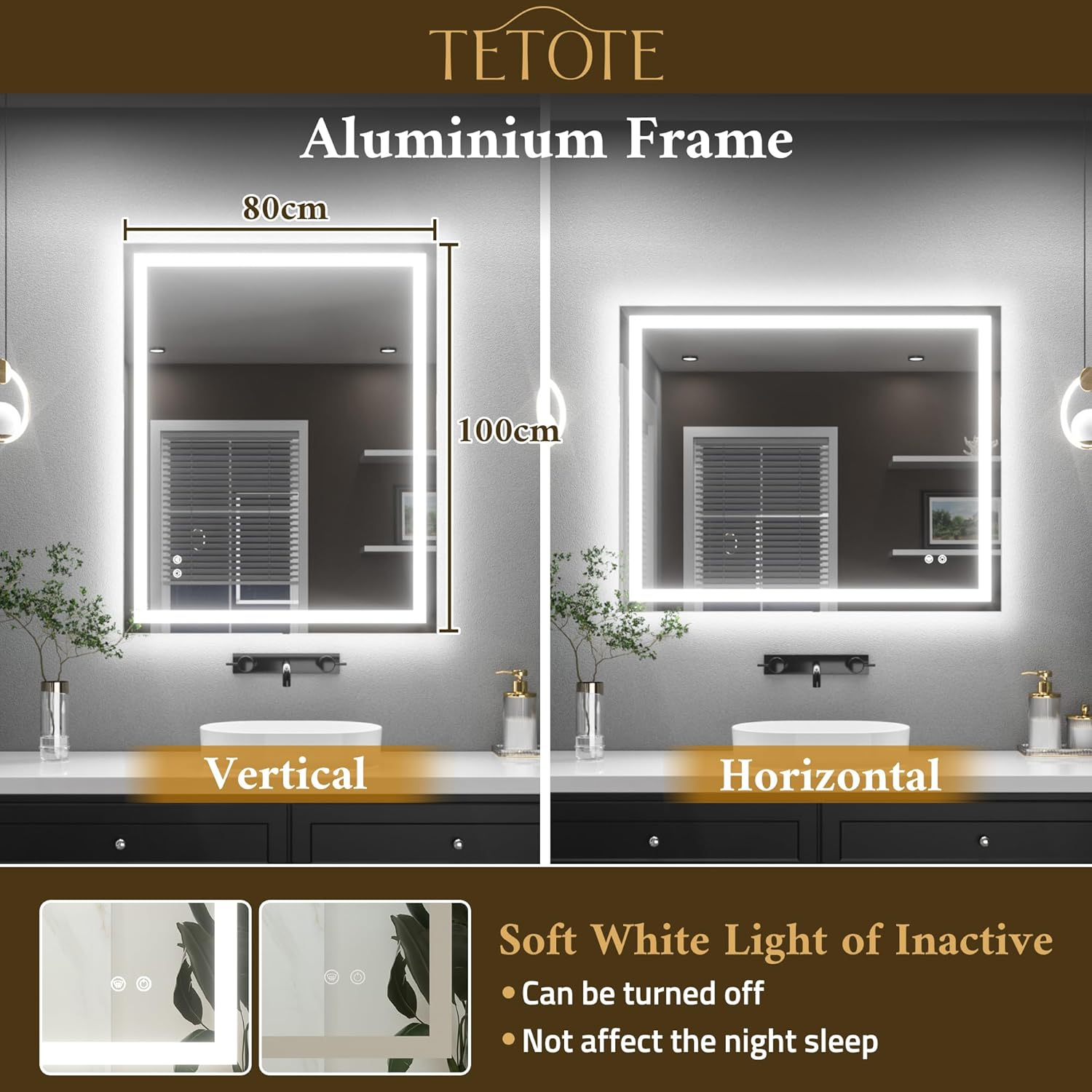 Thumbnail 1 de TETOTE Badspiegel mit Beleuchtung 100x80 cm – LED Spiegel mit Anti-Beschlag, 3 Lichtfarben & Touch-Dimmer