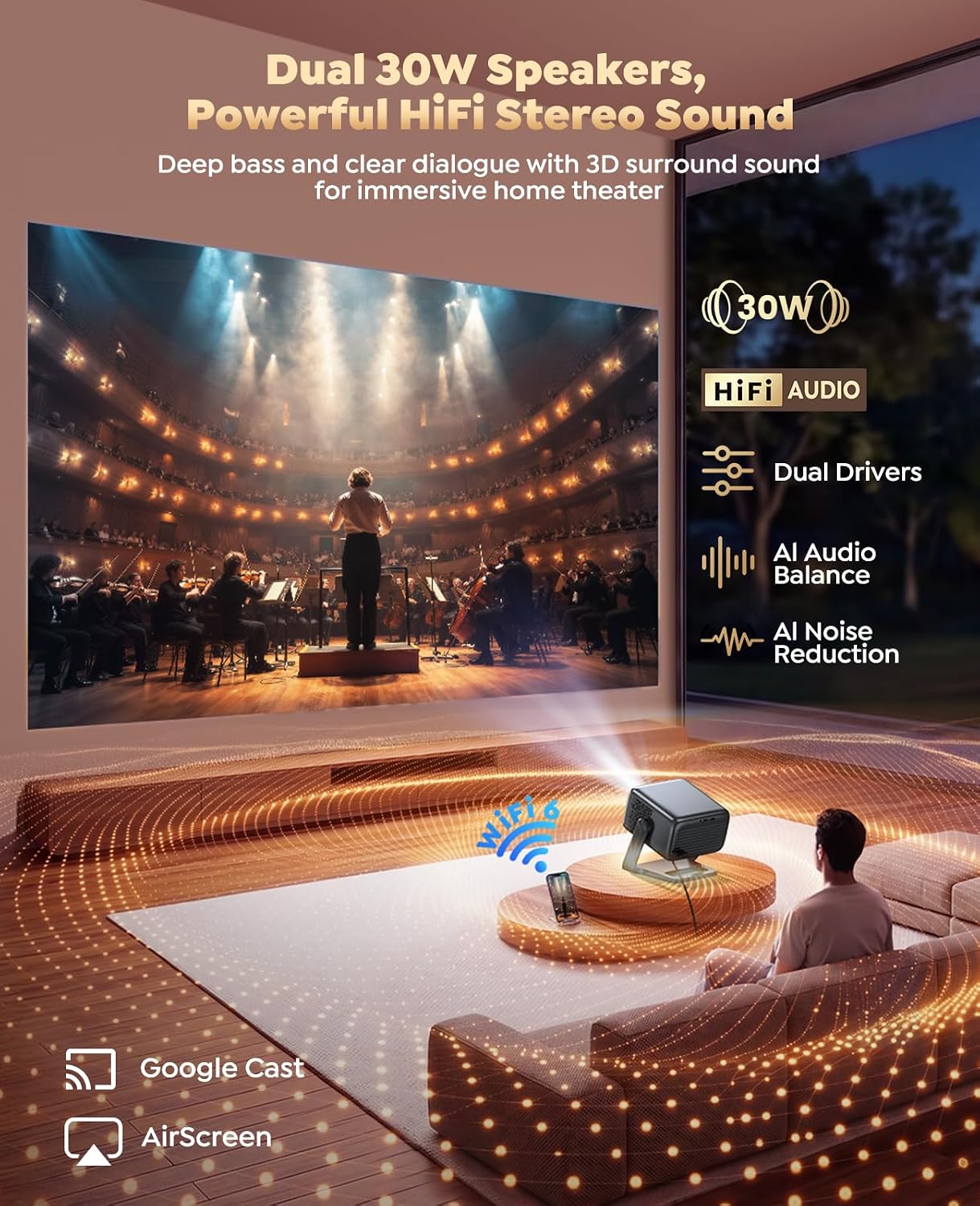 Detalle de Smart 4K Projector with Google TV Built-in and 360° Stand