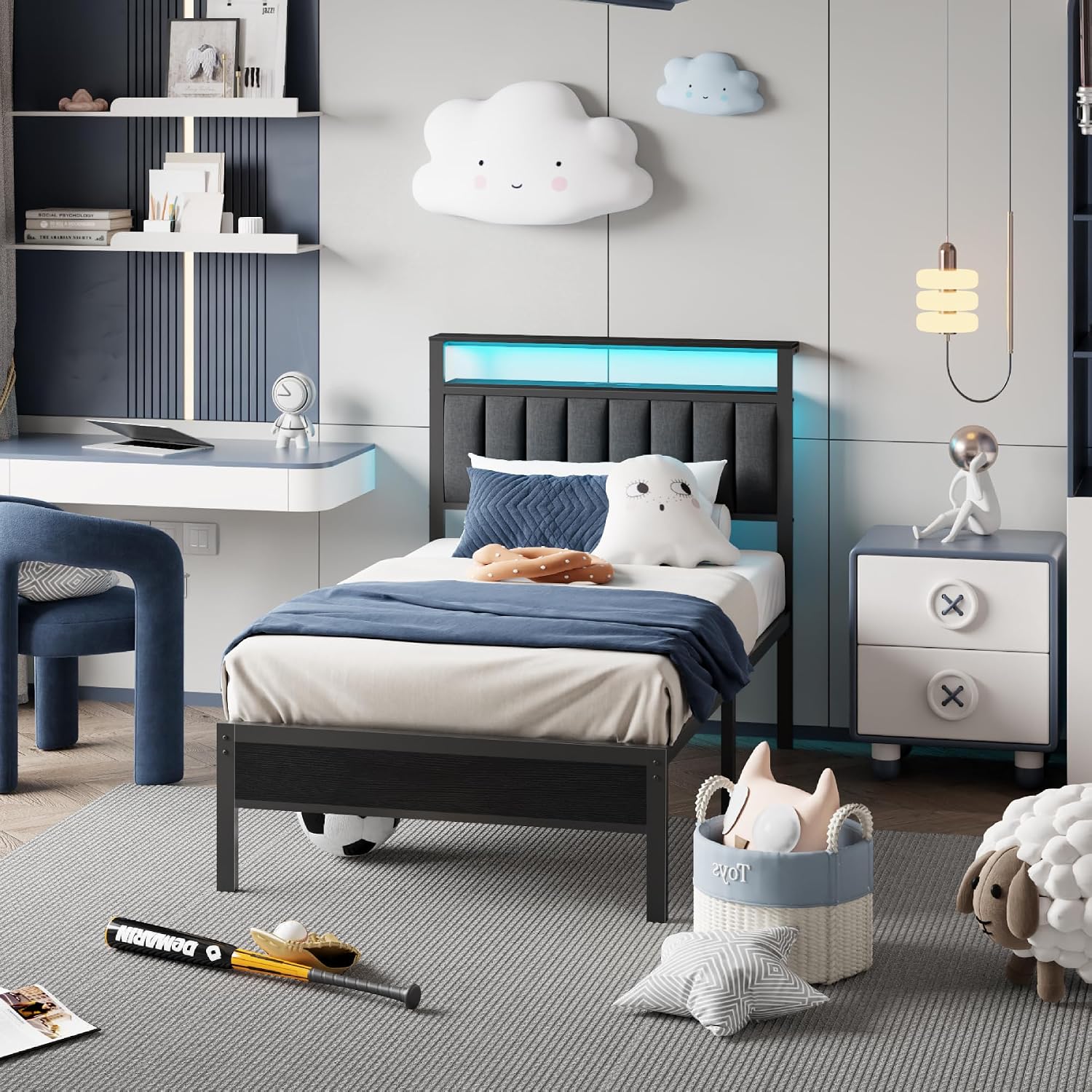 Detalle de Furnulem HK-BF-009-CL-T-1-BO-CA Twin Bed Frame with RGB LEDs and Storage