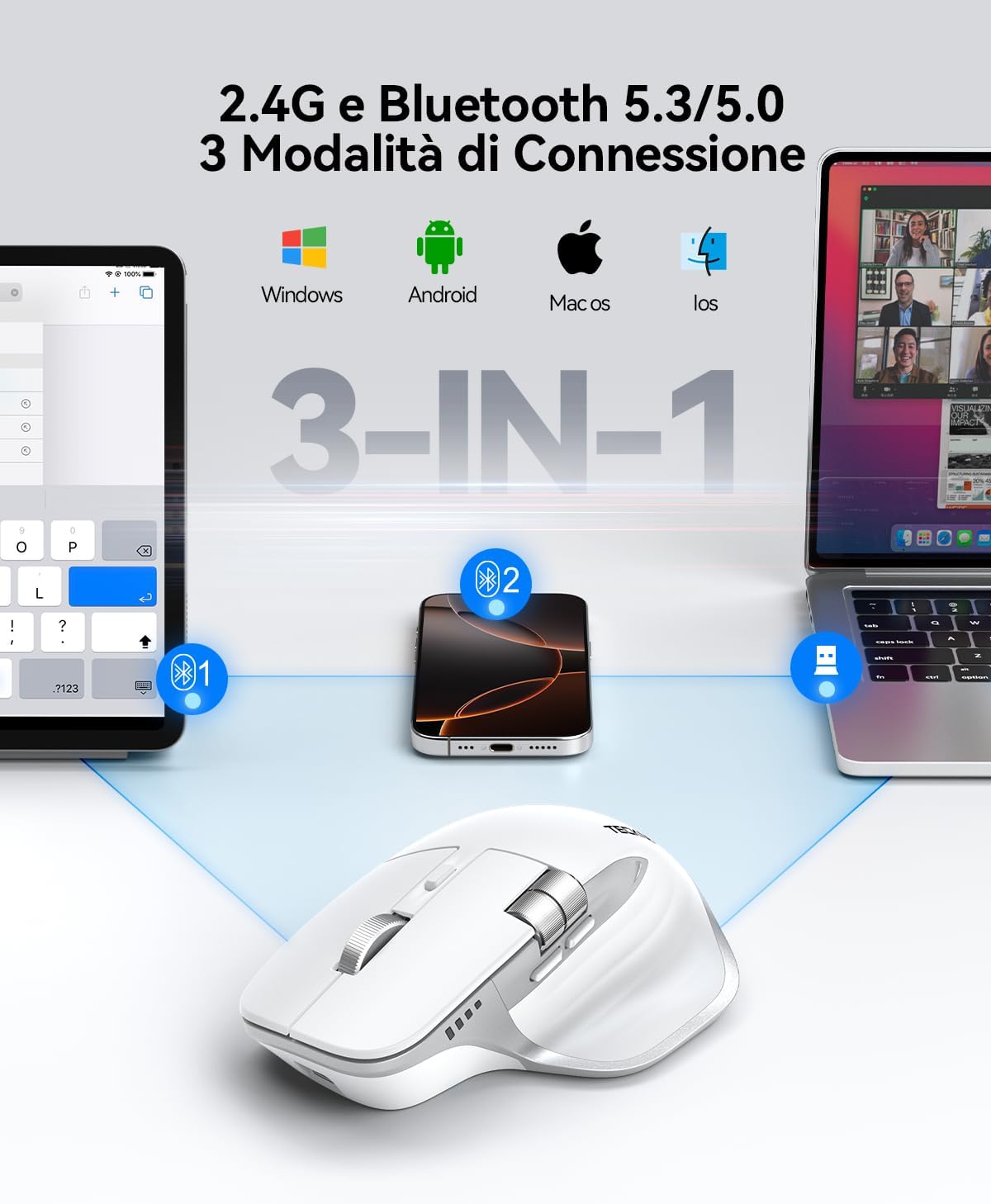 Thumbnail 1 de TECKNET Mouse Wireless Bluetooth ad Alte Prestazioni: rotella orizzontale, DPI 4800, ricaricabile