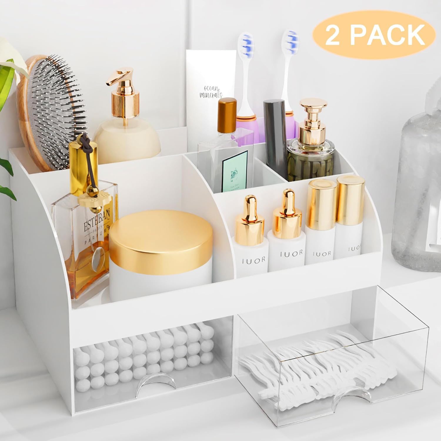 Thumbnail 1 de Makeup Organizer with Drawers (White-2P) — 6 Sections and 2 Drawers for Dresser, Vanity, and Bathroom Counter
