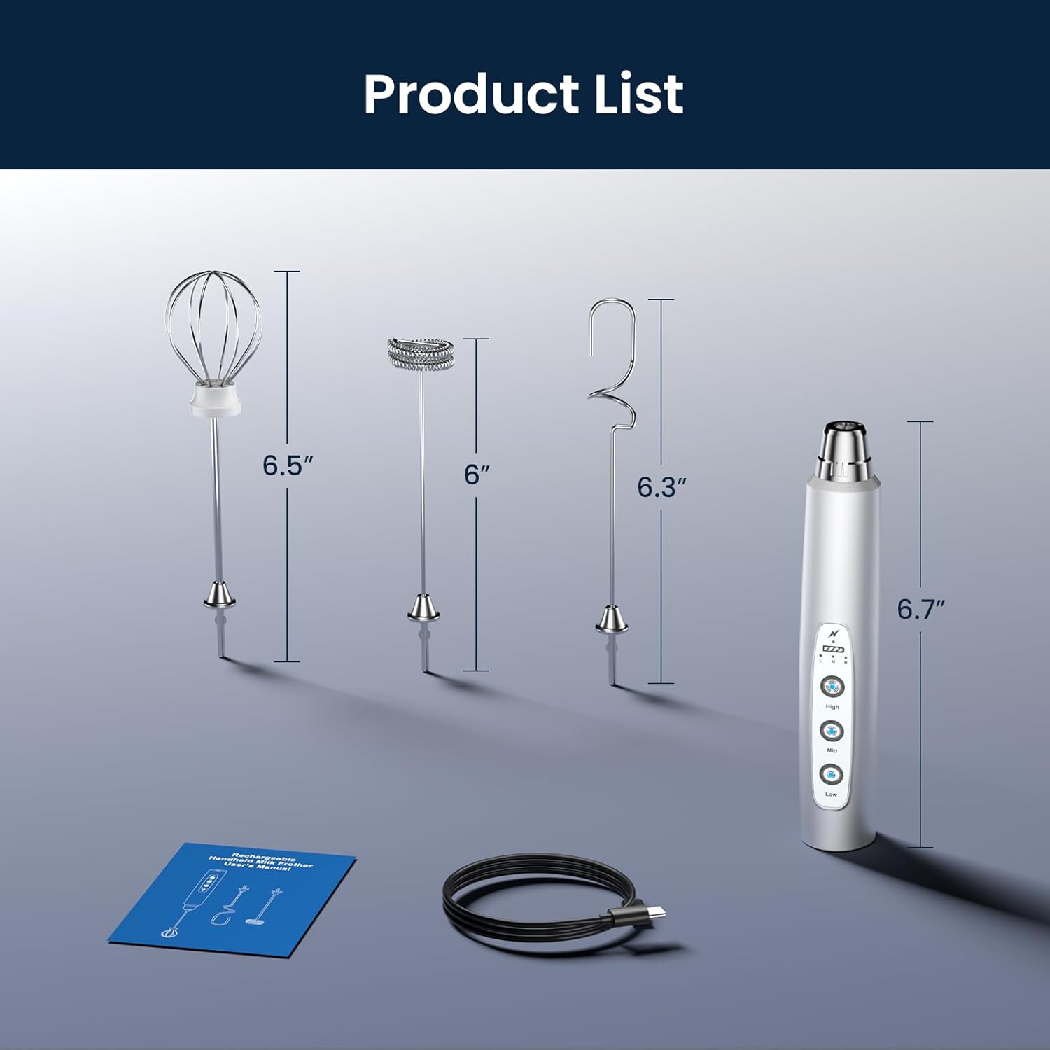 Thumbnail 6 de Sakgos Rechargeable Handheld Milk Frother Wand (3 Speeds, Type-C, 3 Stainless Whisks)