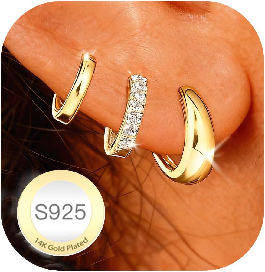 Thumbnail 6 de AVOTTO 3 Pairs S925 Silver Earrings – Small Huggie Hoop Set