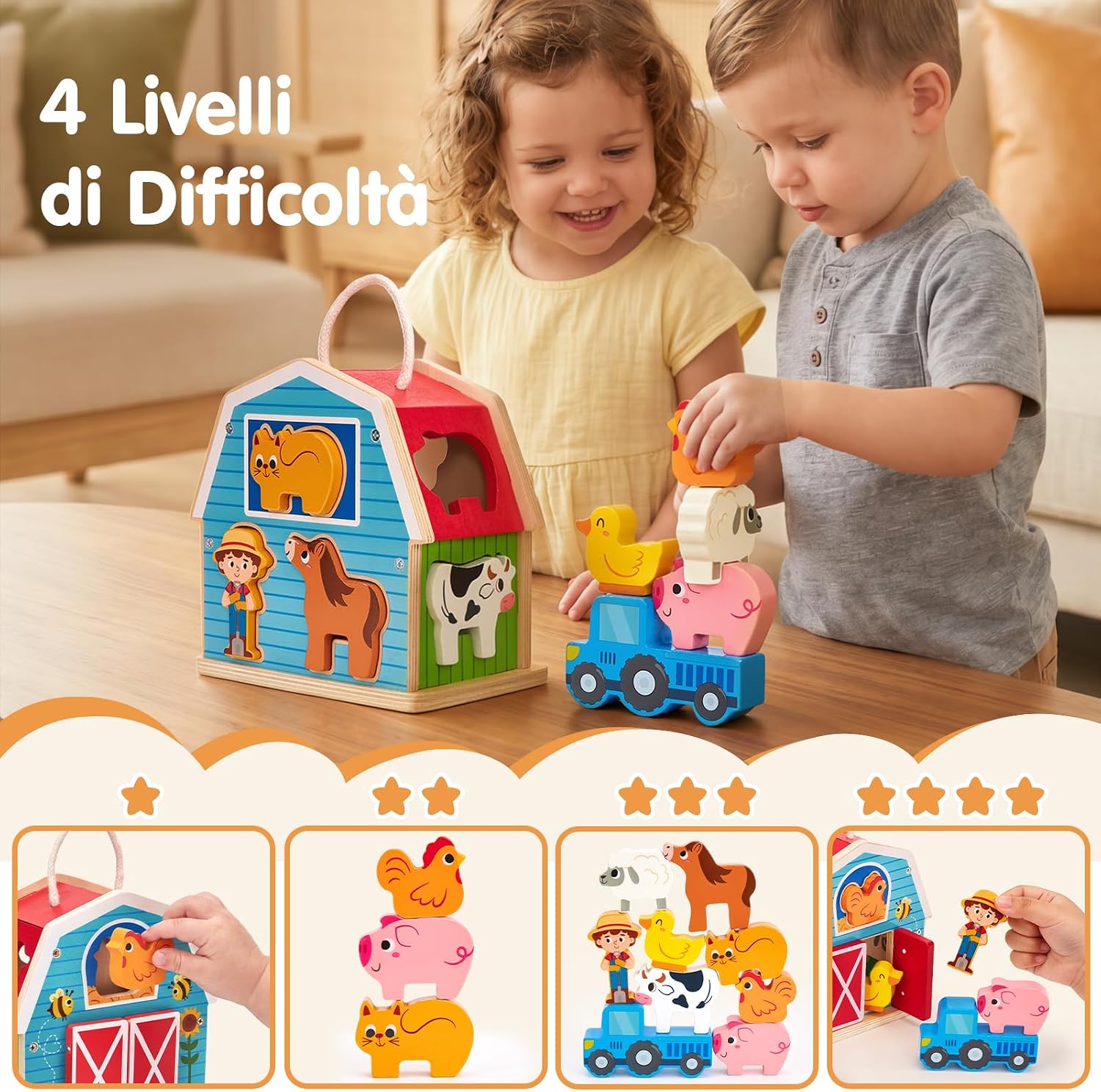 Thumbnail 1 de Hahaland Giochi Montessori in Legno 4 in 1: Fienile con Animali e Trattore – 1–3 Anni