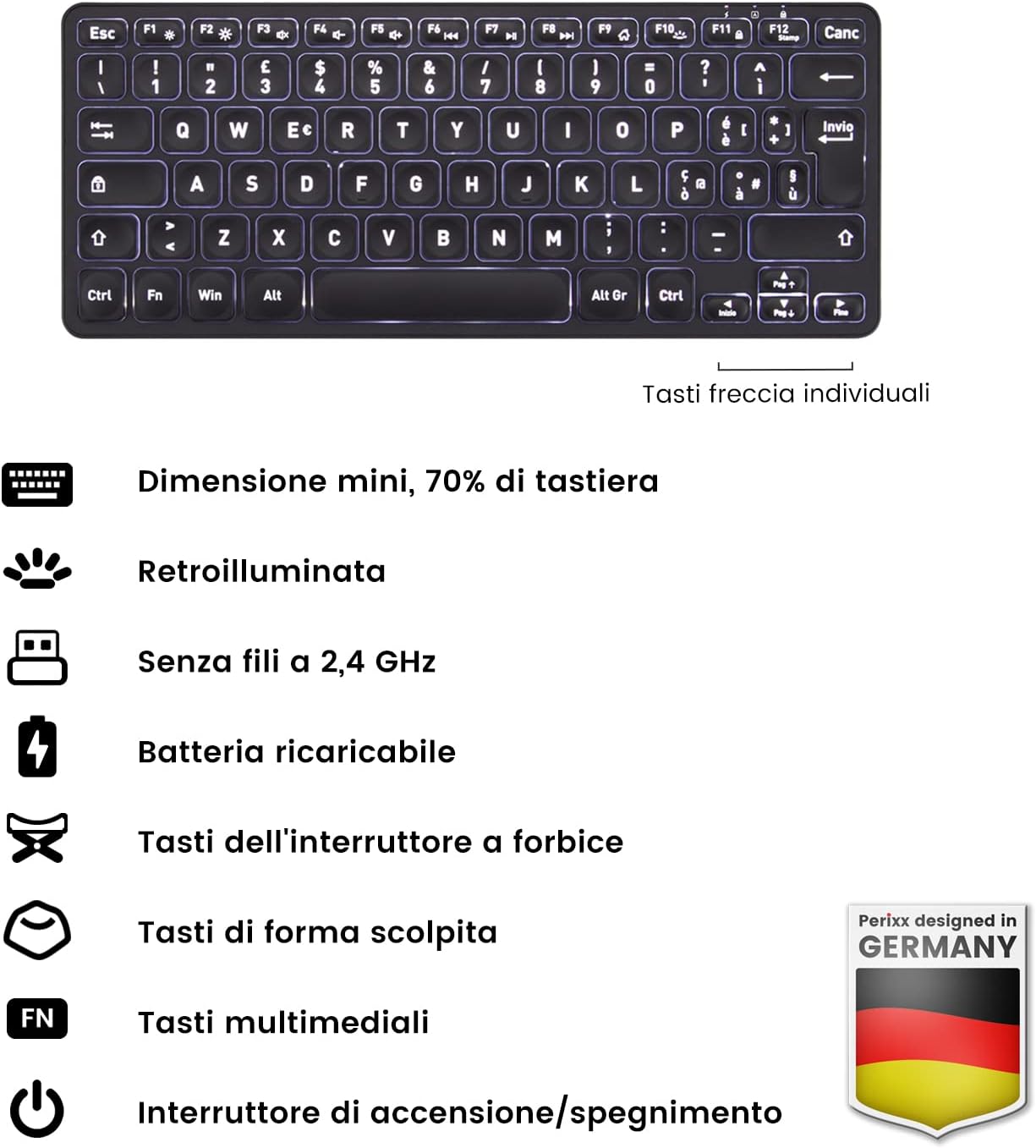 Detalle de Perixx PERIBOARD-732B – bezprzewodowa klawiatura mini, białe podświetlenie, układ włoski