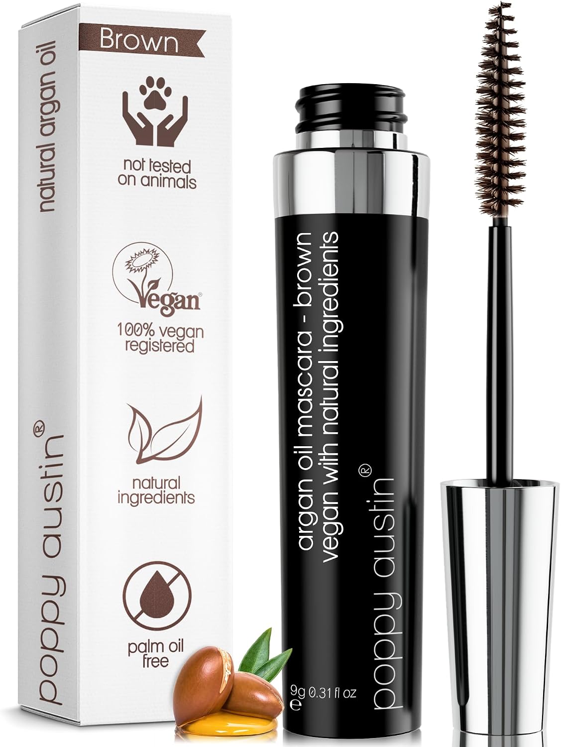 Detalle de Poppy Austin Brown Vegan Mascara, Waterproof Volume and Length, 9 g