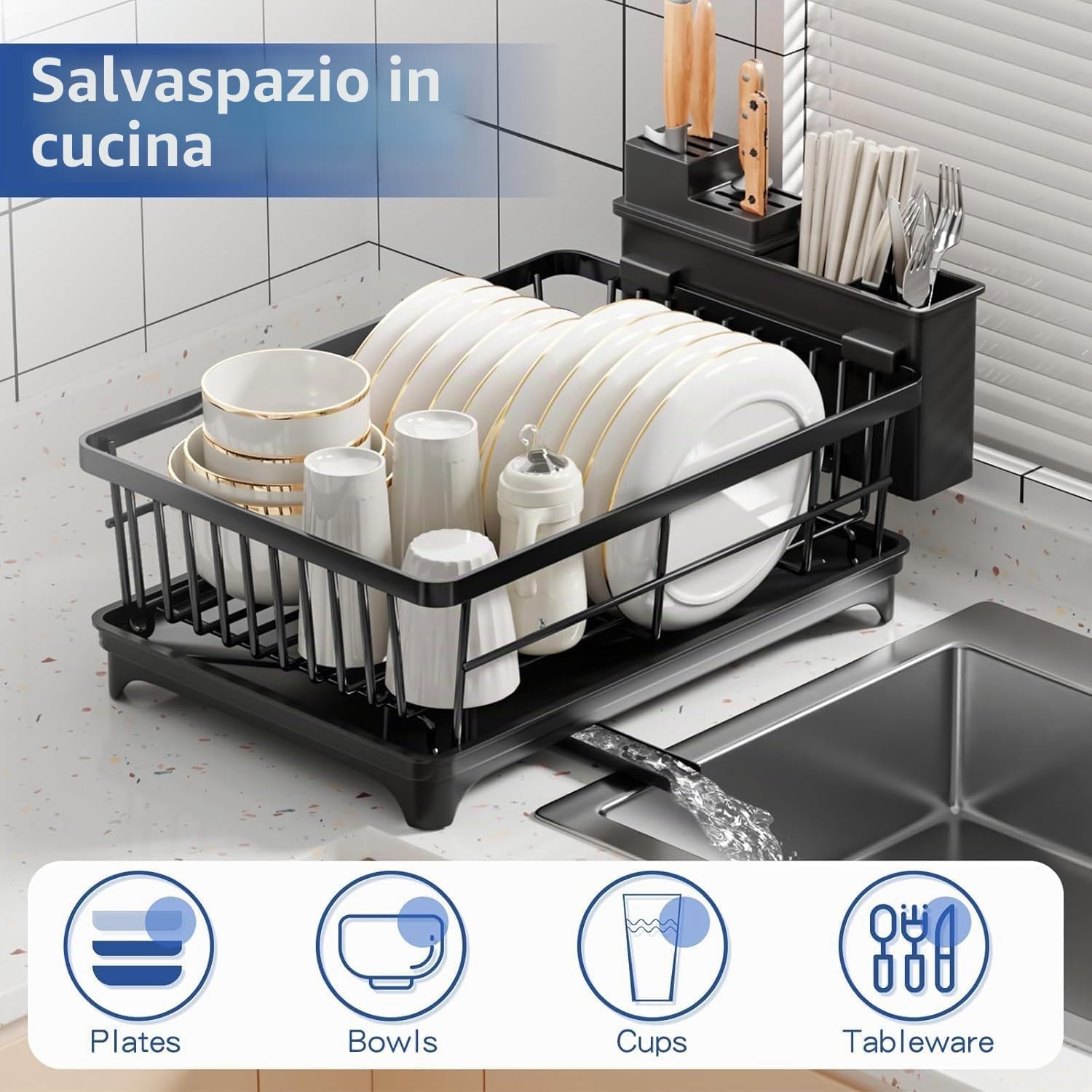 Detalle de PurKeep Scolapiatti Salvaspazio con Portautensili per Bancone Della Cucina