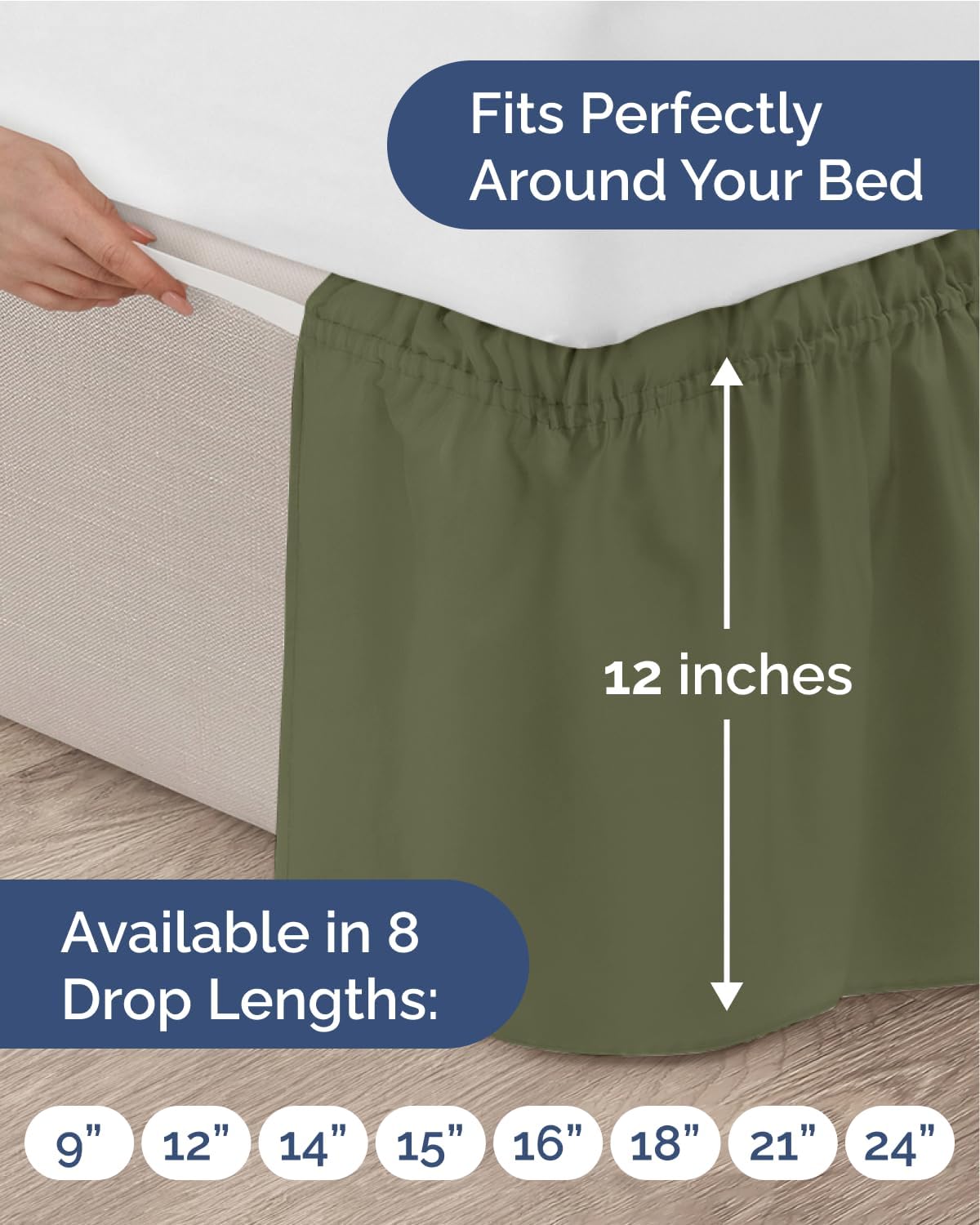 Thumbnail 3 de CGK Unlimited bedskirts Wrap-Around Bed Skirt, King, 12" Sage Green, Elastic Fit