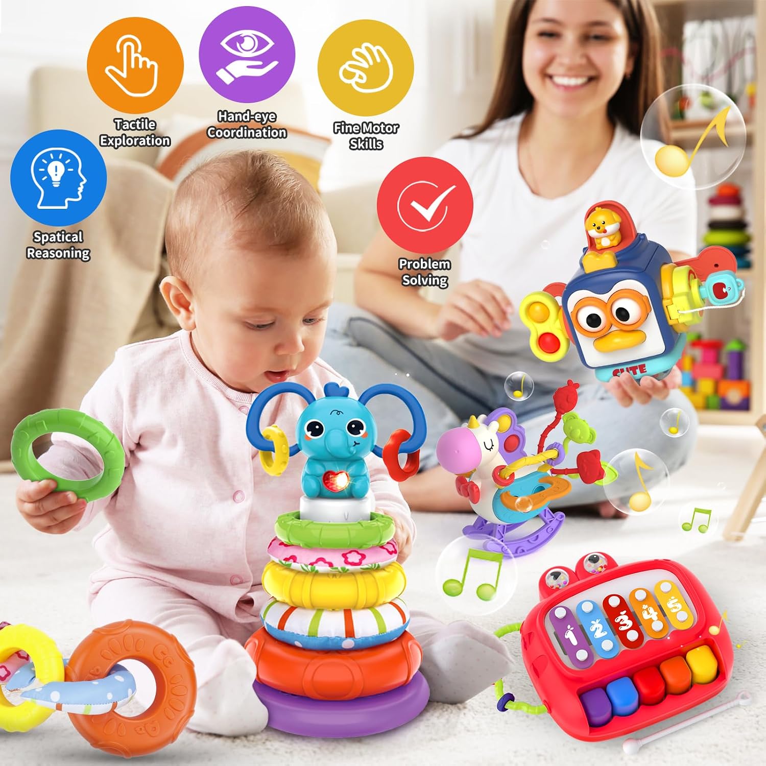 Thumbnail 1 de usrela 4-in-1 Baby Toys for 6-12-18 Months: Busy Cube, Stacking Sorter, Piano Xylophone & Pull String Travel Toy