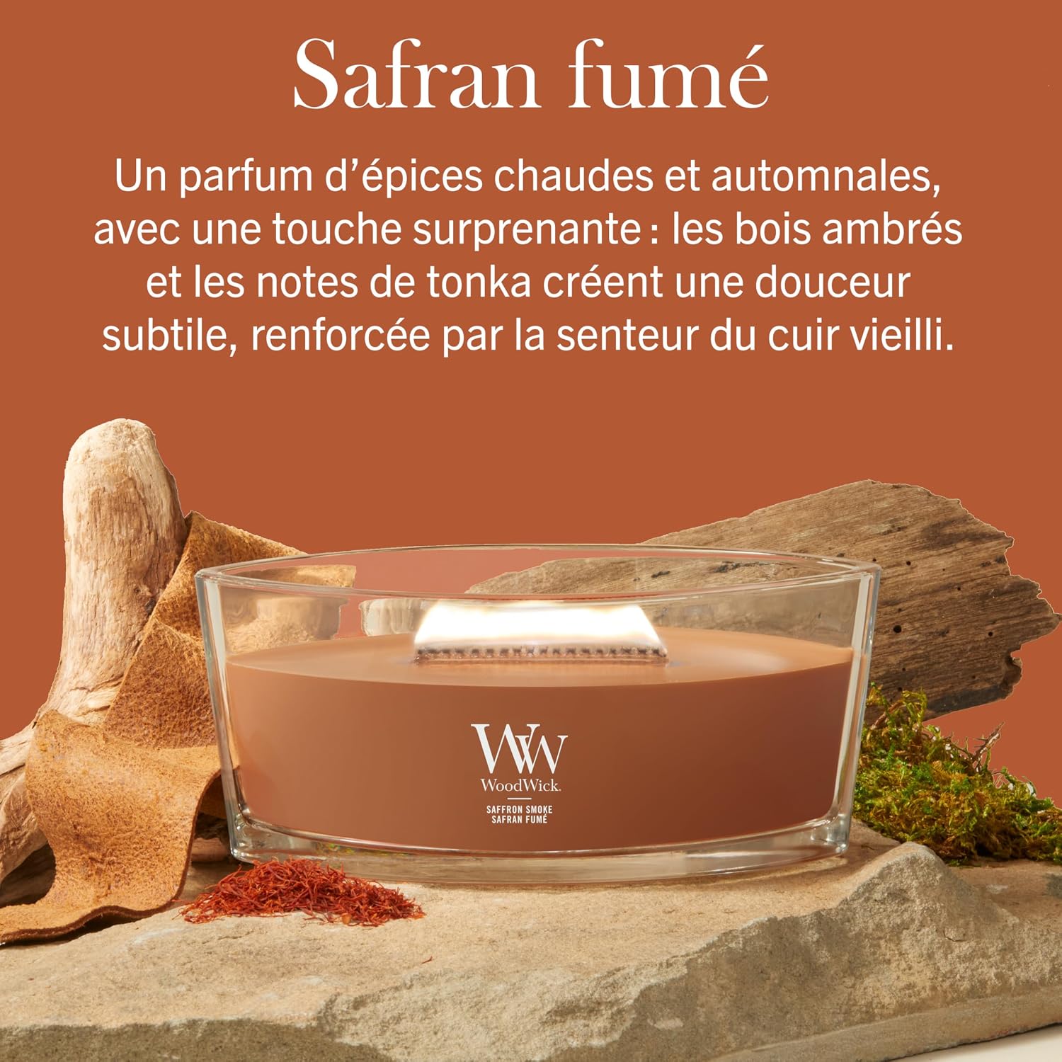 Detalle de WoodWick Bougie parfumée Bougie Ellipse Safran fumé – cadeau élégant pour femmes