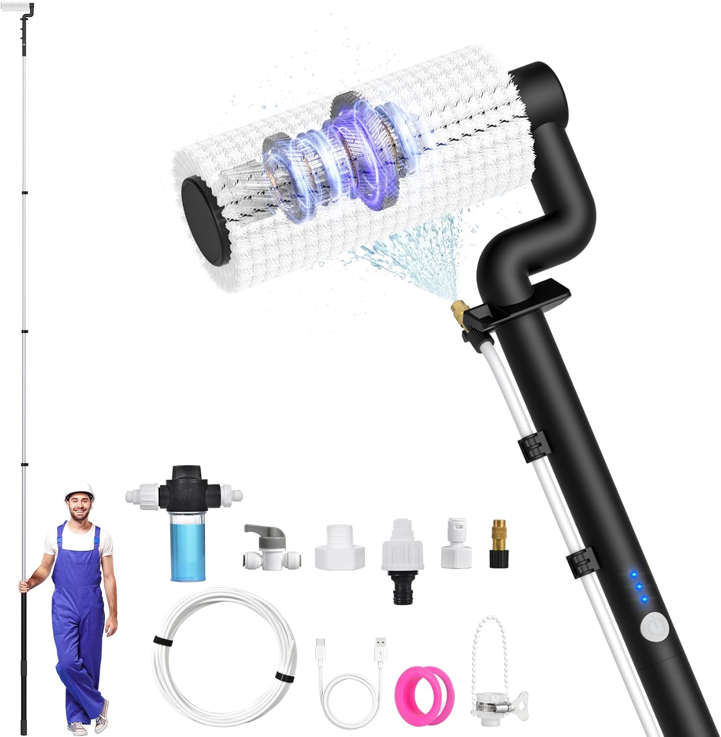 Detalle de Electric Solar Panel Cleaning Brush and Pole Kit (6.2M) with Soap Dispenser & Telescopic Water Fed Pole