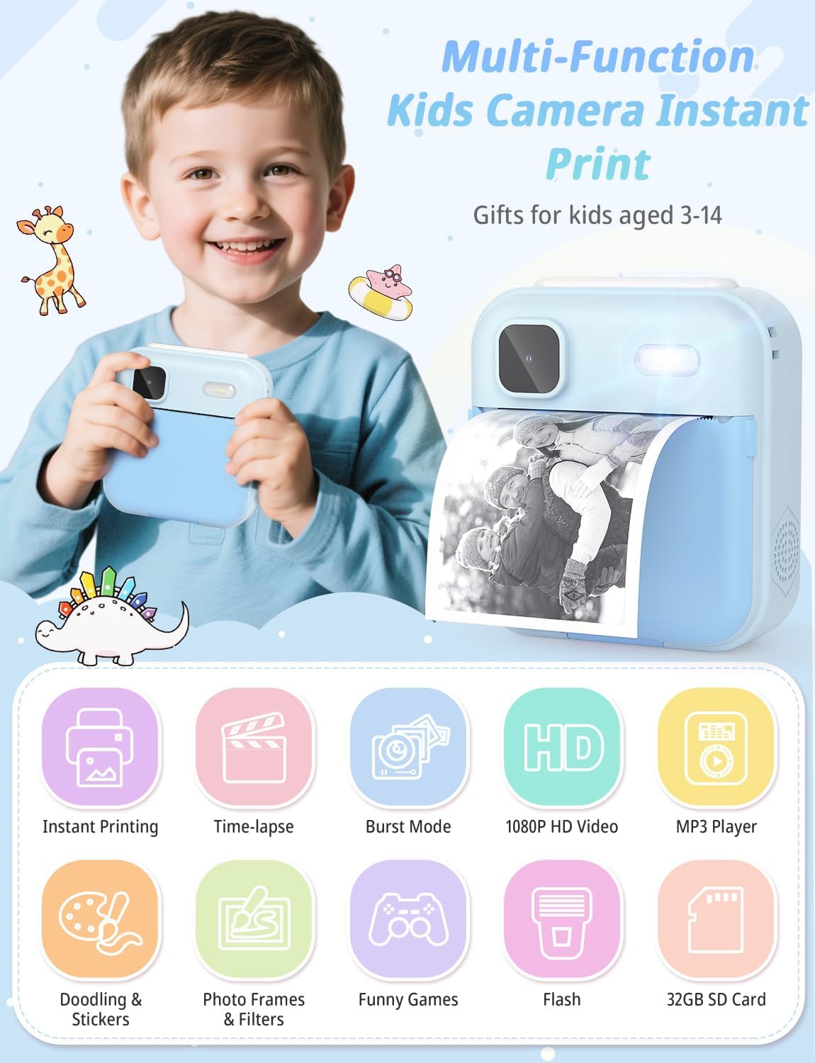 Thumbnail 2 de YOHOOLYO Kids Camera Instant Print with 32GB Card & 3 Paper Rolls – 2.4" Digital Instant Camera for Kids Aged 4–10 (Blue)
