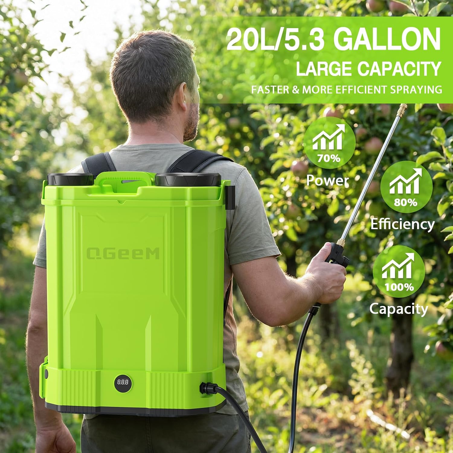 Detalle 2 de QGeeM QG0401 20L Battery-Powered Backpack Sprayer, 100 PSI, 8 Nozzles
