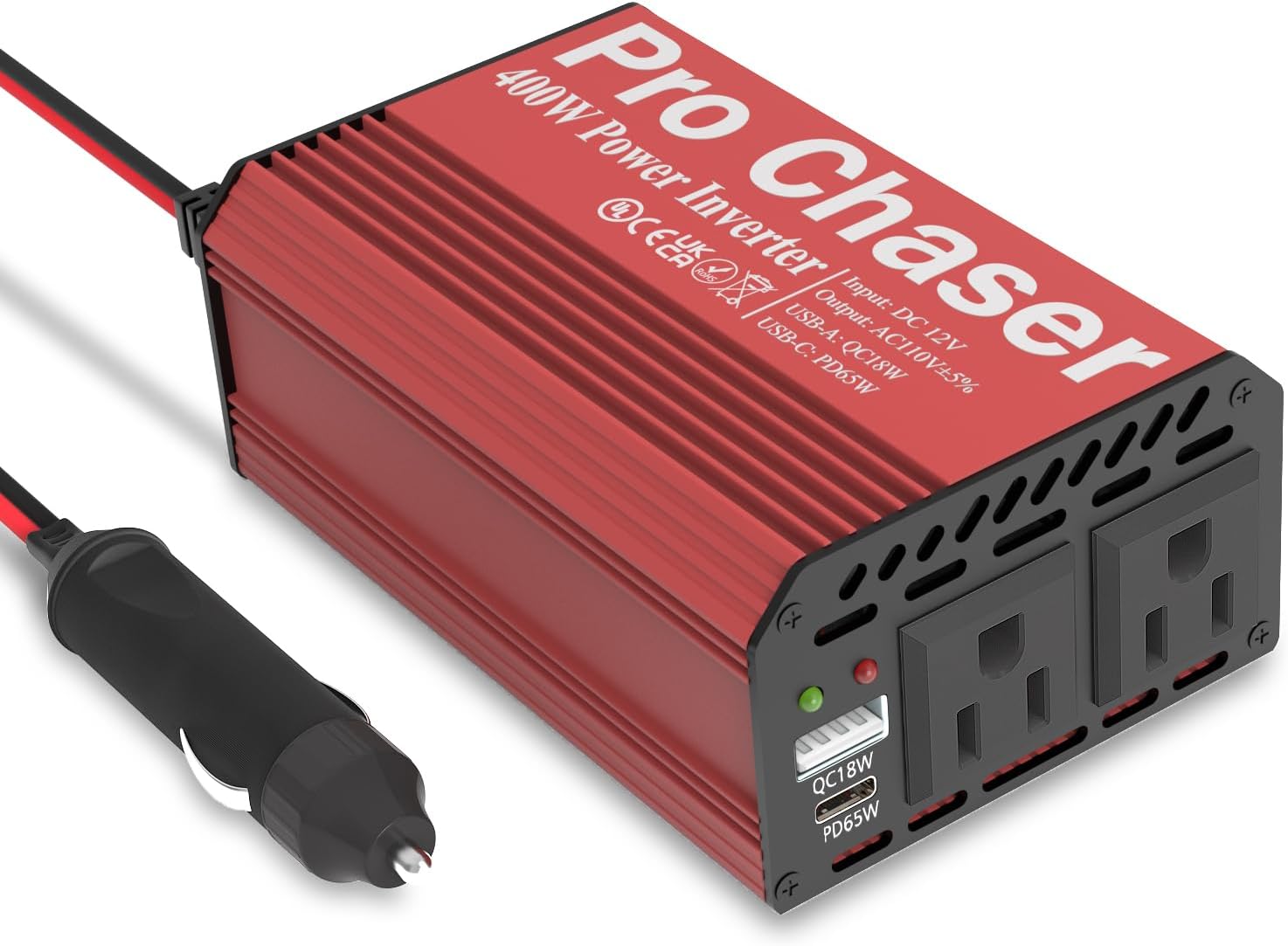 Detalle de Pro Chaser 400W Power Inverter for Vehicles (DC 12V to 110V AC) with USB-C PD 65W + Dual AC Outlets