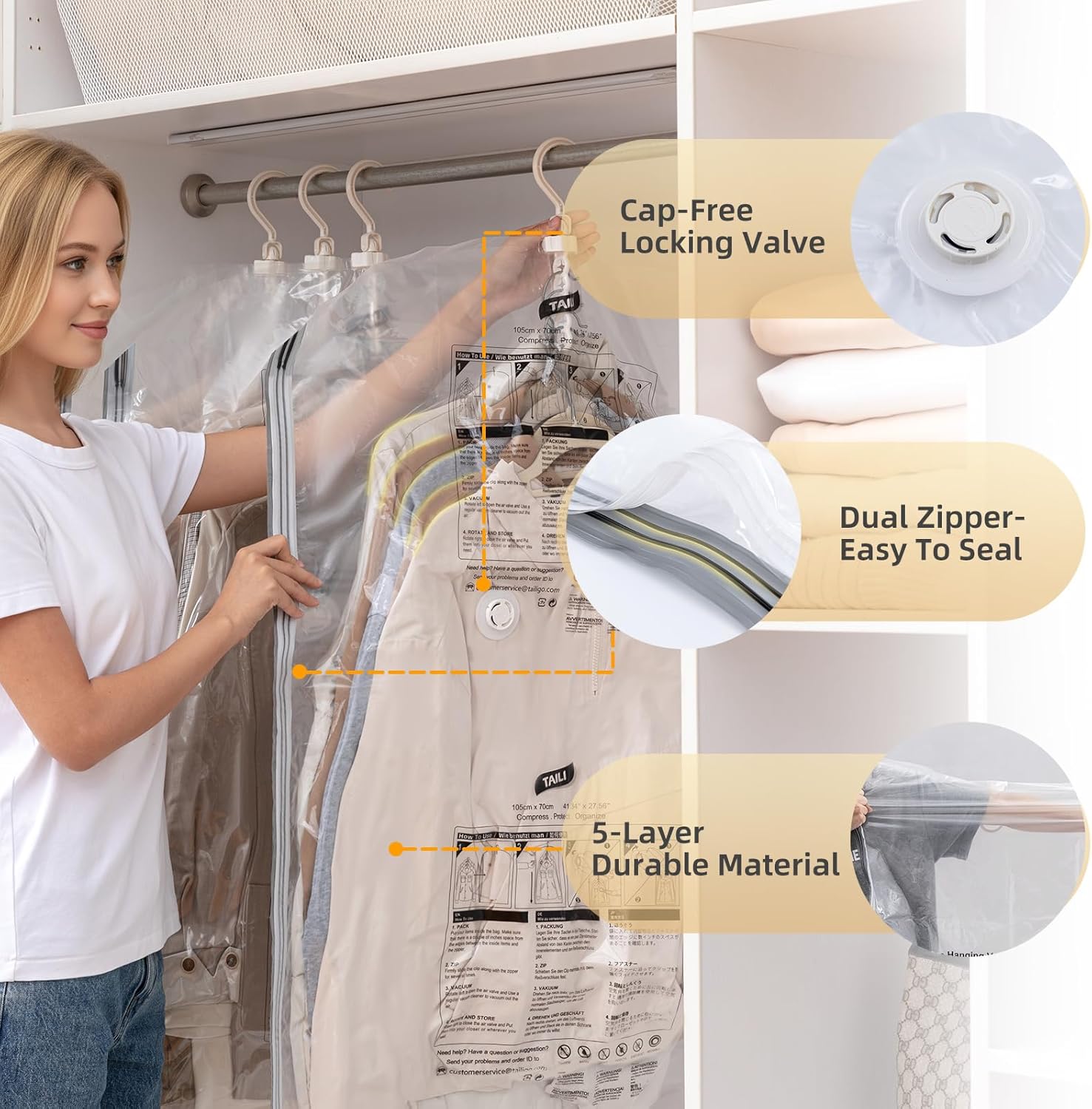 Thumbnail 5 de Hanging Vacuum Storage Bags – 6 Jumbo Space-Saving Wardrobe Carriers for Coats, Suits and Dresses