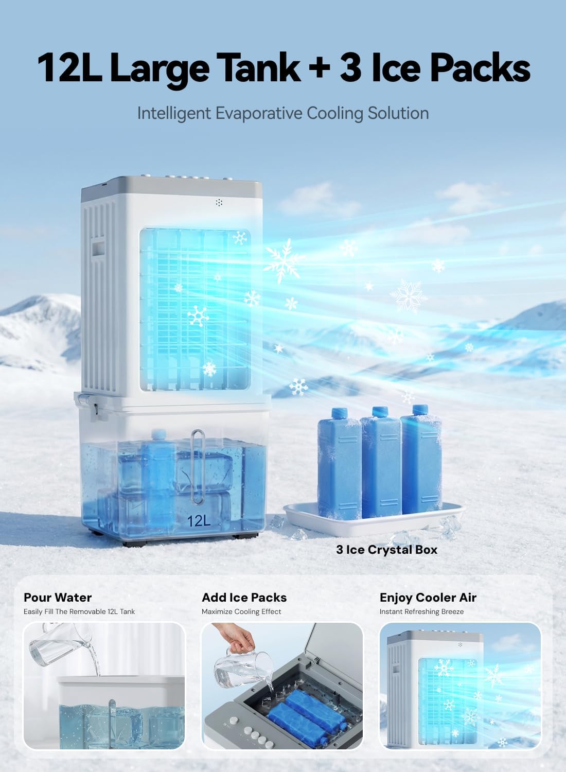 Thumbnail 4 de Portable Air Conditioner 4-in-1 Evaporative Air Cooler Fan with 12L Tank, 3 Ice Packs & Quiet 46dB