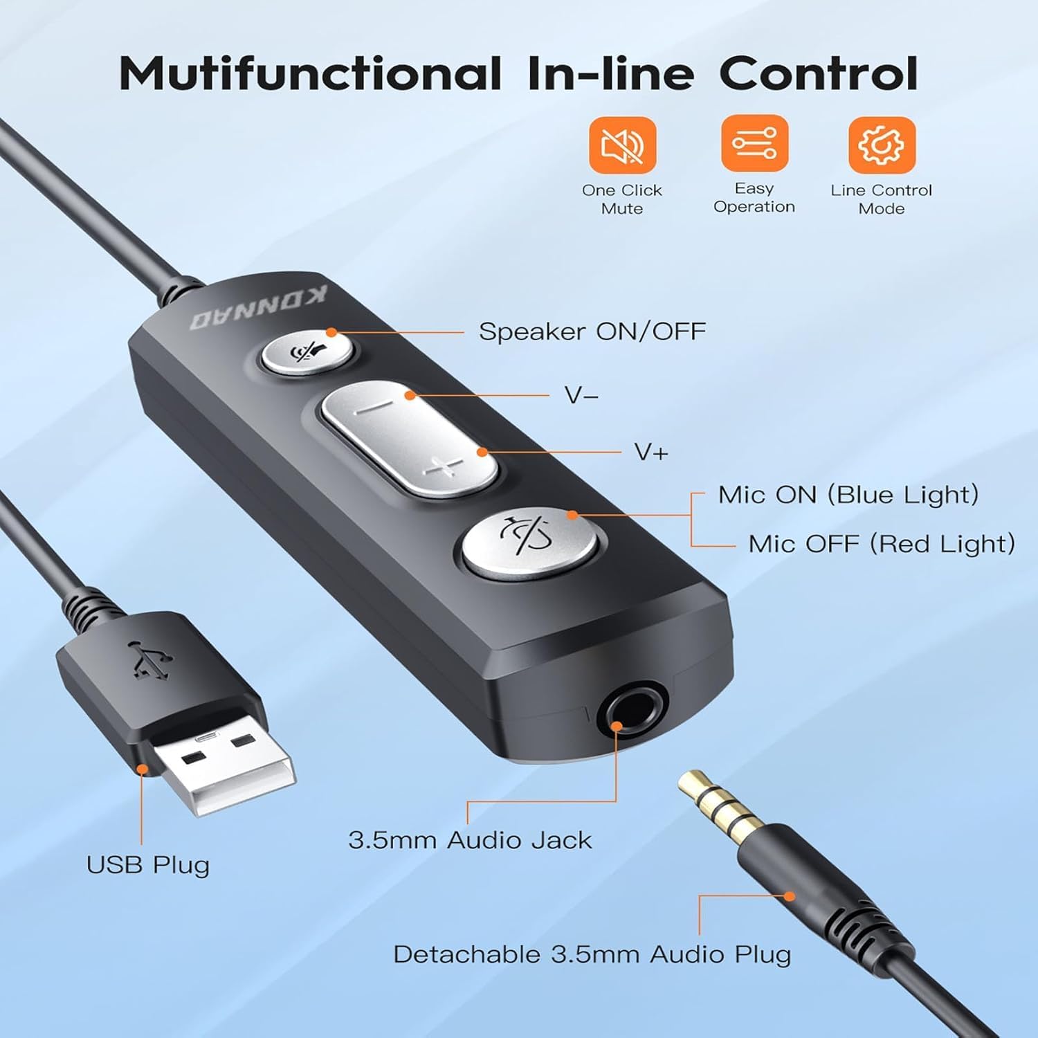 Detalle de KONNAO USB Headset with Microphone — 3.5mm wired stereo headset with in-line controls and noise-cancelling mic