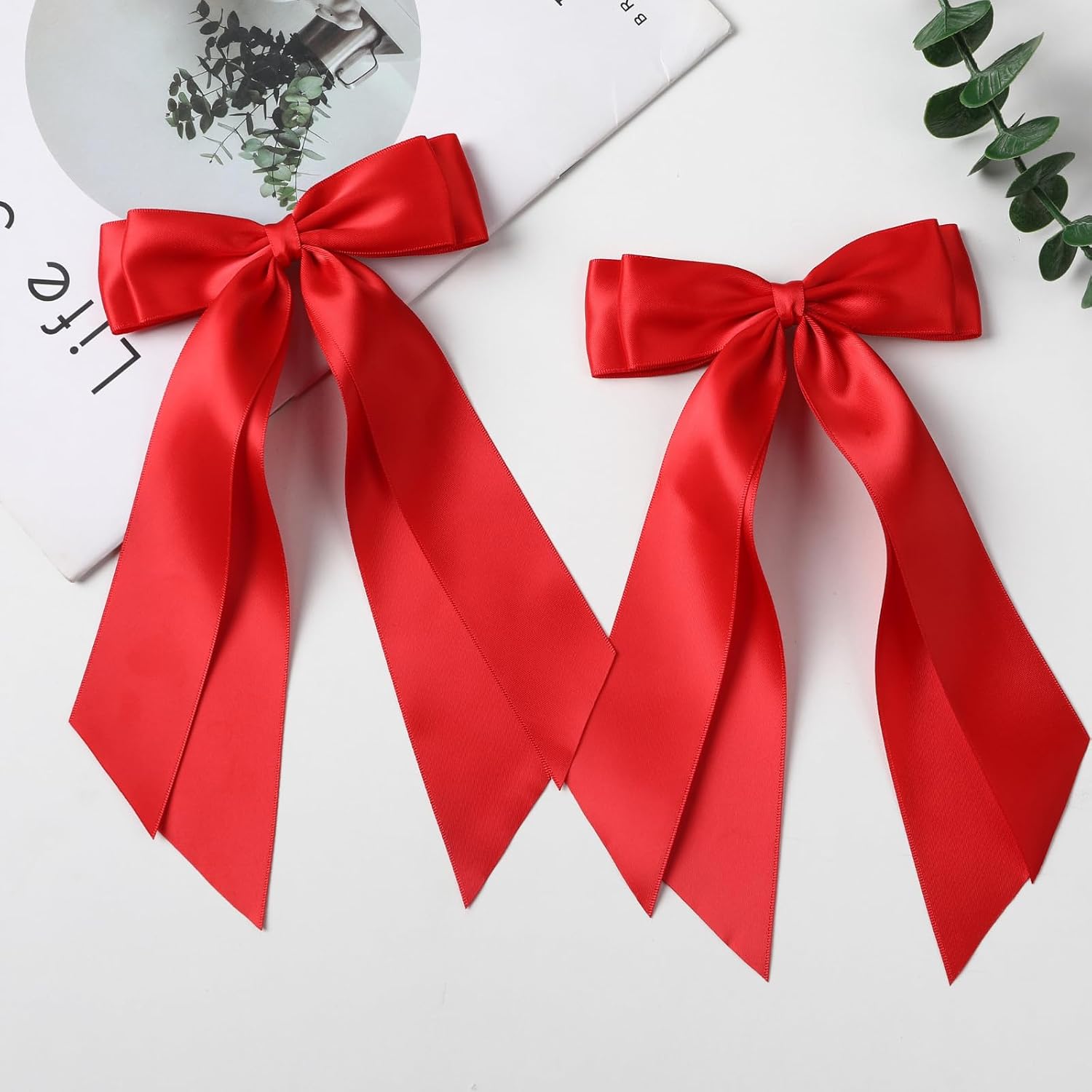 Detalle 2 de LuSeren Double-Layer Satin Hair Bows, Red Alligator Clip Set