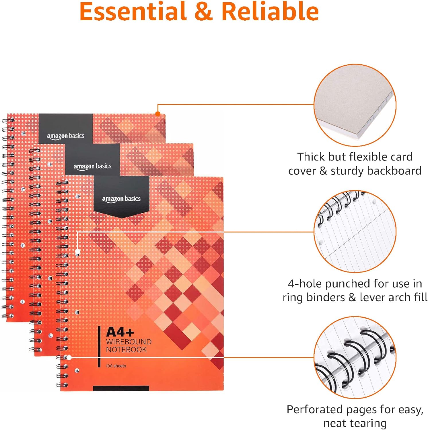Detalle 2 de Amazon Basics Wirebound Notebook 100 Sheets x 3 — A4+, Red