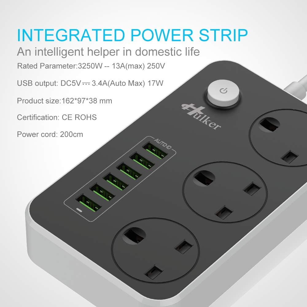 Detalle 2 de Hulker Power Strip 3-way outlet with 6 USB 2m cable 🔌