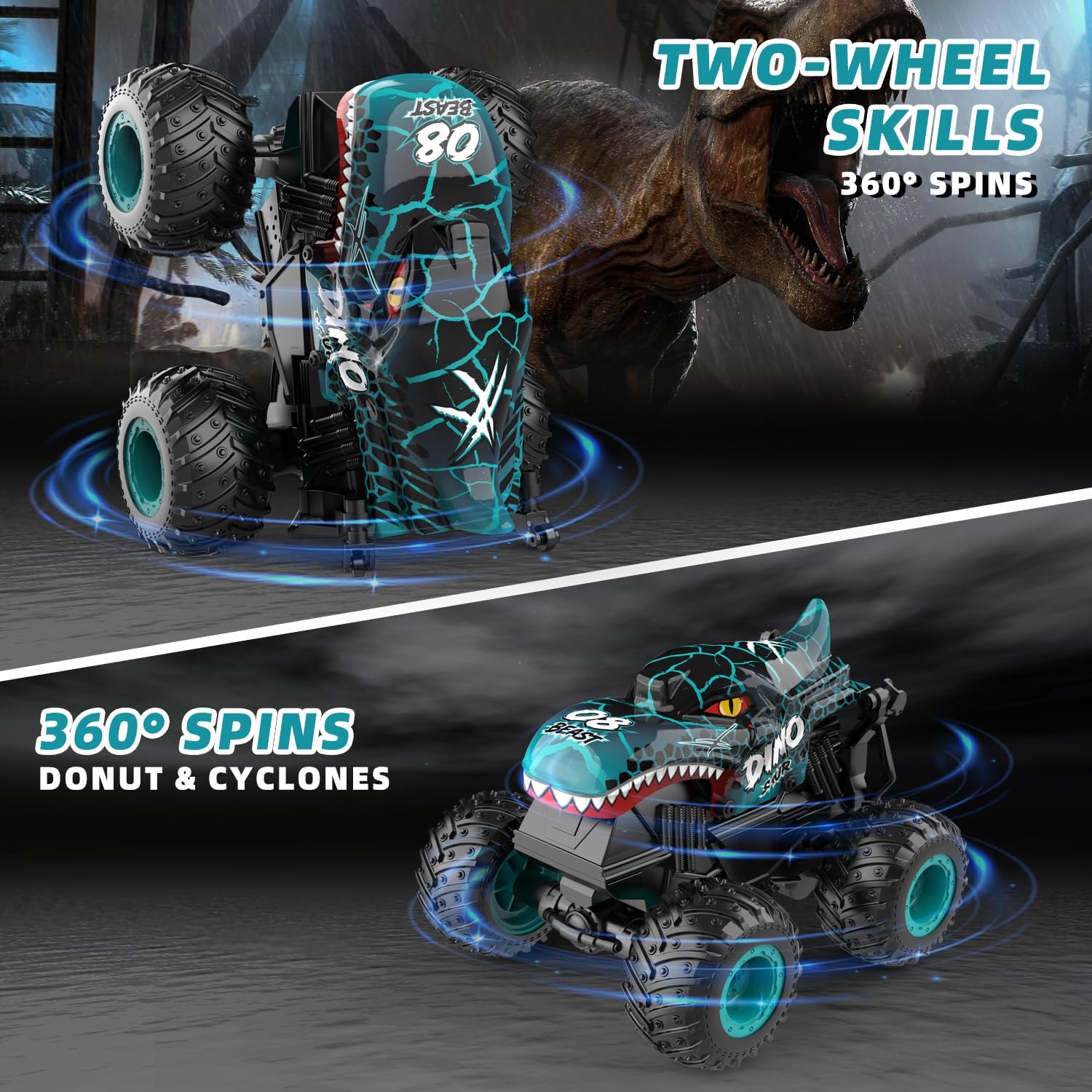 Detalle de Ferngesteuertes 2,4GHz Monstertruck Auto (1:20) mit Dinosaurier-Optik, LED-Licht & Musik – ca. 20 km/h