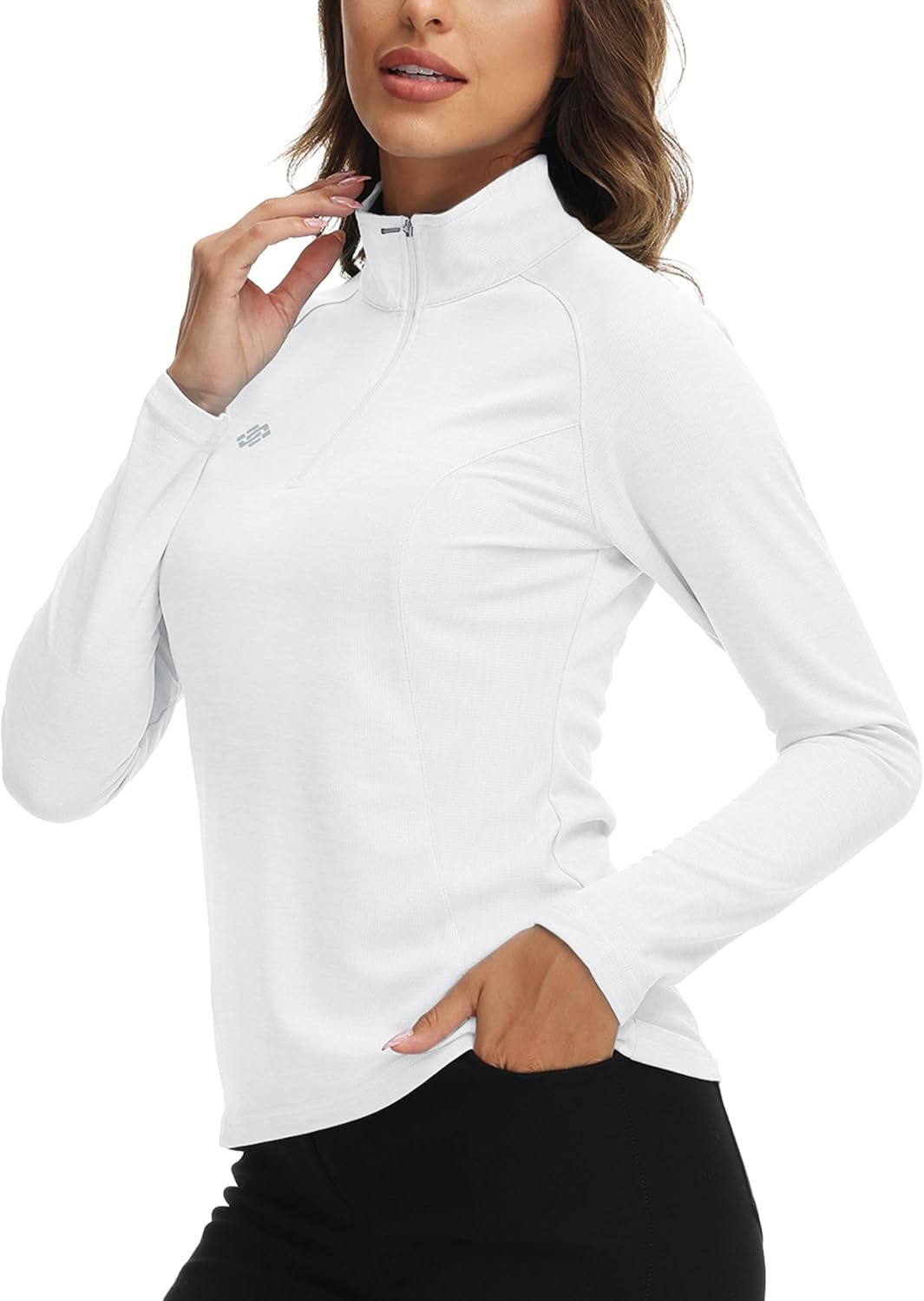 Detalle de AjezMax Femme T-shirt manches longues de sport avec zip 1/4 — polyester respirant pour course, yoga et entraînement