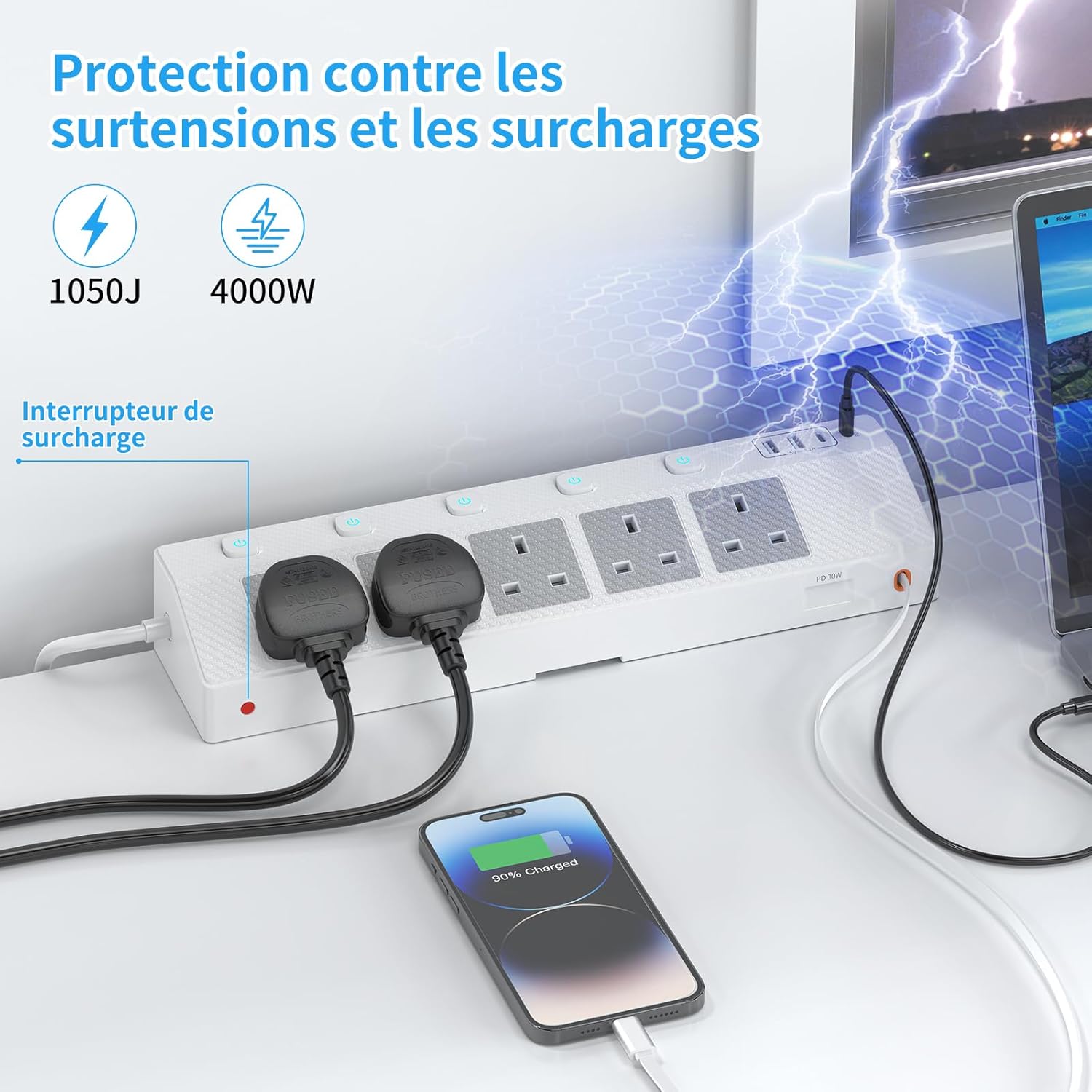Thumbnail 4 de STGAROT Desk Extension Lead 1.8M with PD 30W USB-C, 5 AC Outlets & 5 USB Ports (Retractable USB-C Cable) — Clamp Mount
