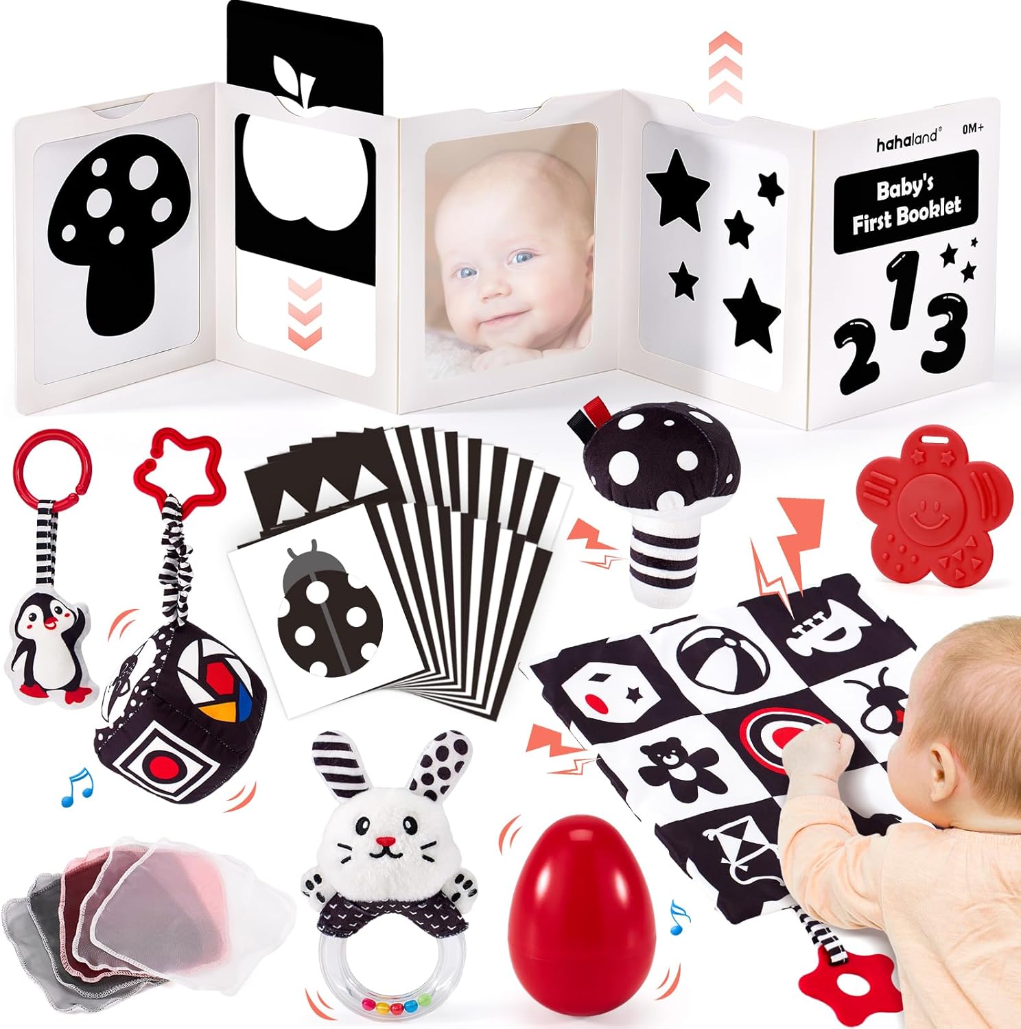 Kit giochi sensoriali hahaland per neonati 0-3 mesi (30 pezzi) bianco e nero
