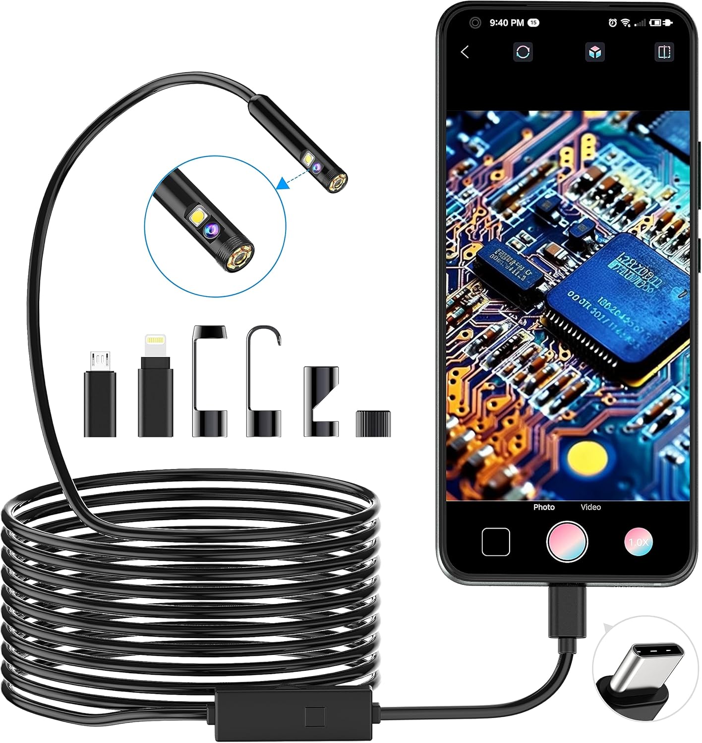Detalle de 1920P Dual Lens Snake Inspection Borescope with 8 LED Lights for Android & iOS (5m cable)